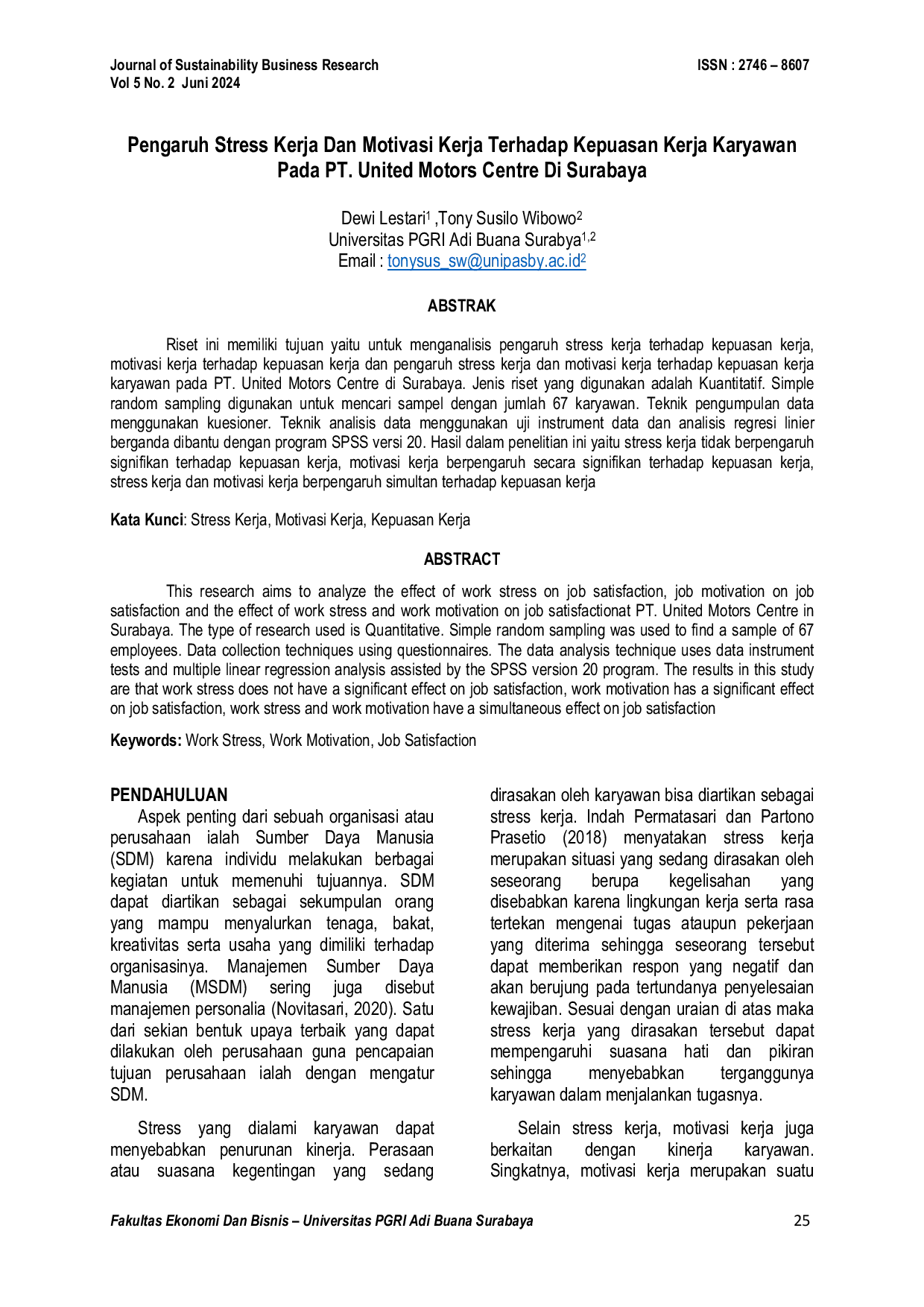 JURIS Pengaruh Stress Kerja Dan Motivasi Kerja Terhadap Kepuasan Kerja Karyawan Pada PT United Motors Centre Di Surabaya