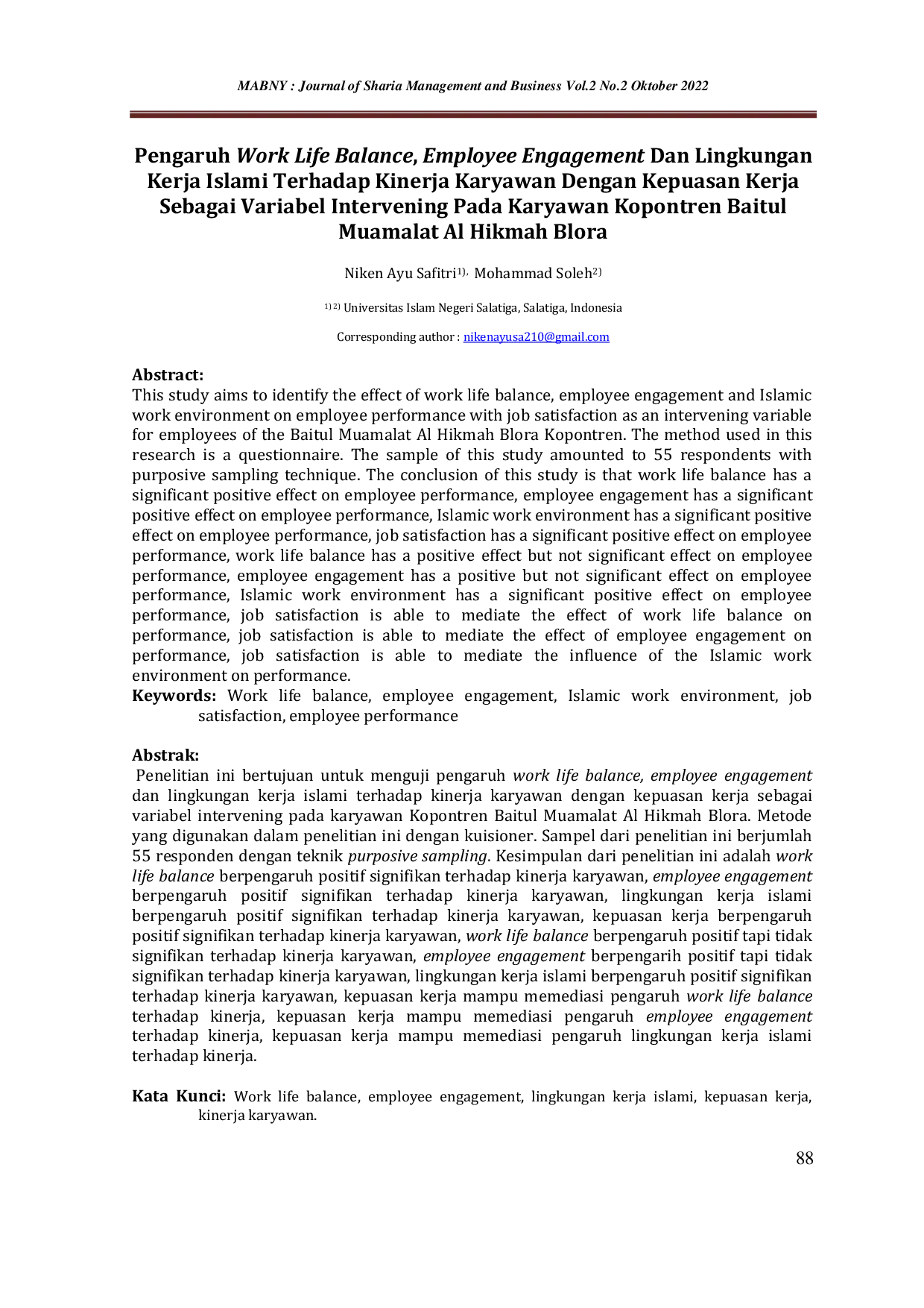 JURIS Pengaruh Work Life Balance Employee Engagement Dan Lingkungan Kerja Islami Terhadap Kinerja Karyawan Dengan Kepuasan Kerja Sebagai Variabel Intervening Pada Karyawan Kopontren Baitul Muamalat Al Hikm