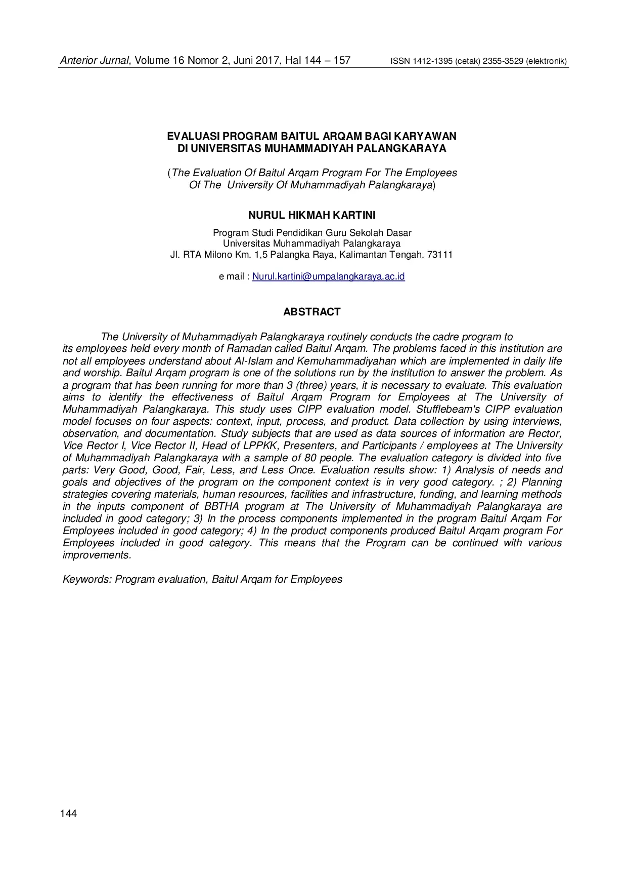 JURIS Evaluasi Program Baitul Arqam Bagi Karyawan Di Universitas Muhammadiyah Palangkaraya