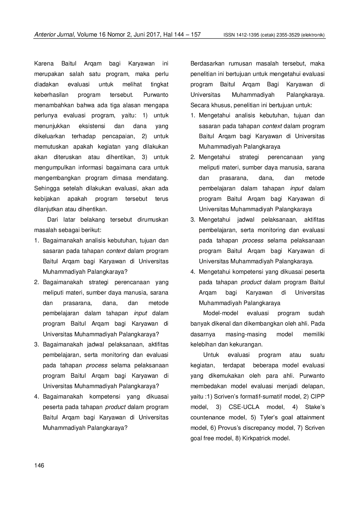 JURIS Evaluasi Program Baitul Arqam Bagi Karyawan Di Universitas Muhammadiyah Palangkaraya