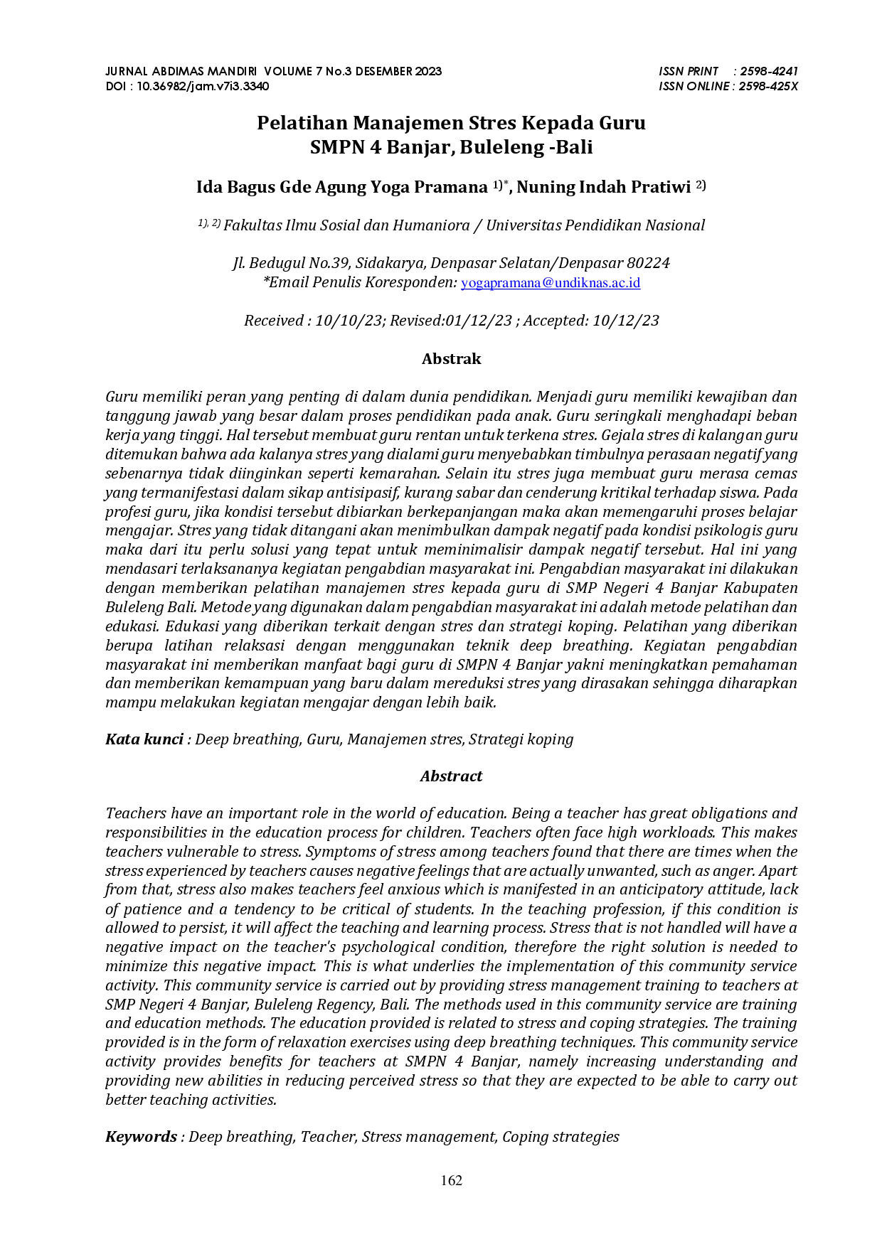 juris Pelatihan Manajemen Stres Kepada Guru SMPN 4 Banjar Buleleng Bali