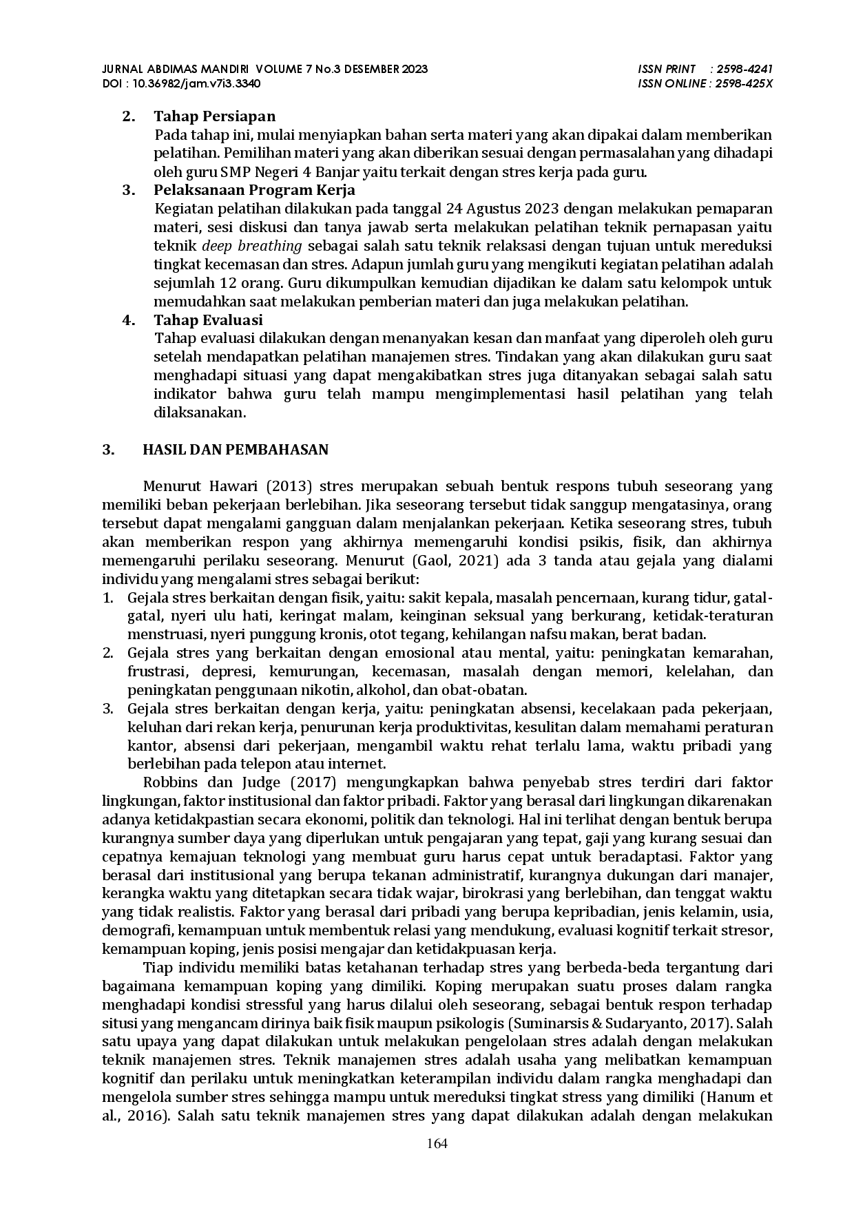 juris Pelatihan Manajemen Stres Kepada Guru SMPN 4 Banjar Buleleng Bali