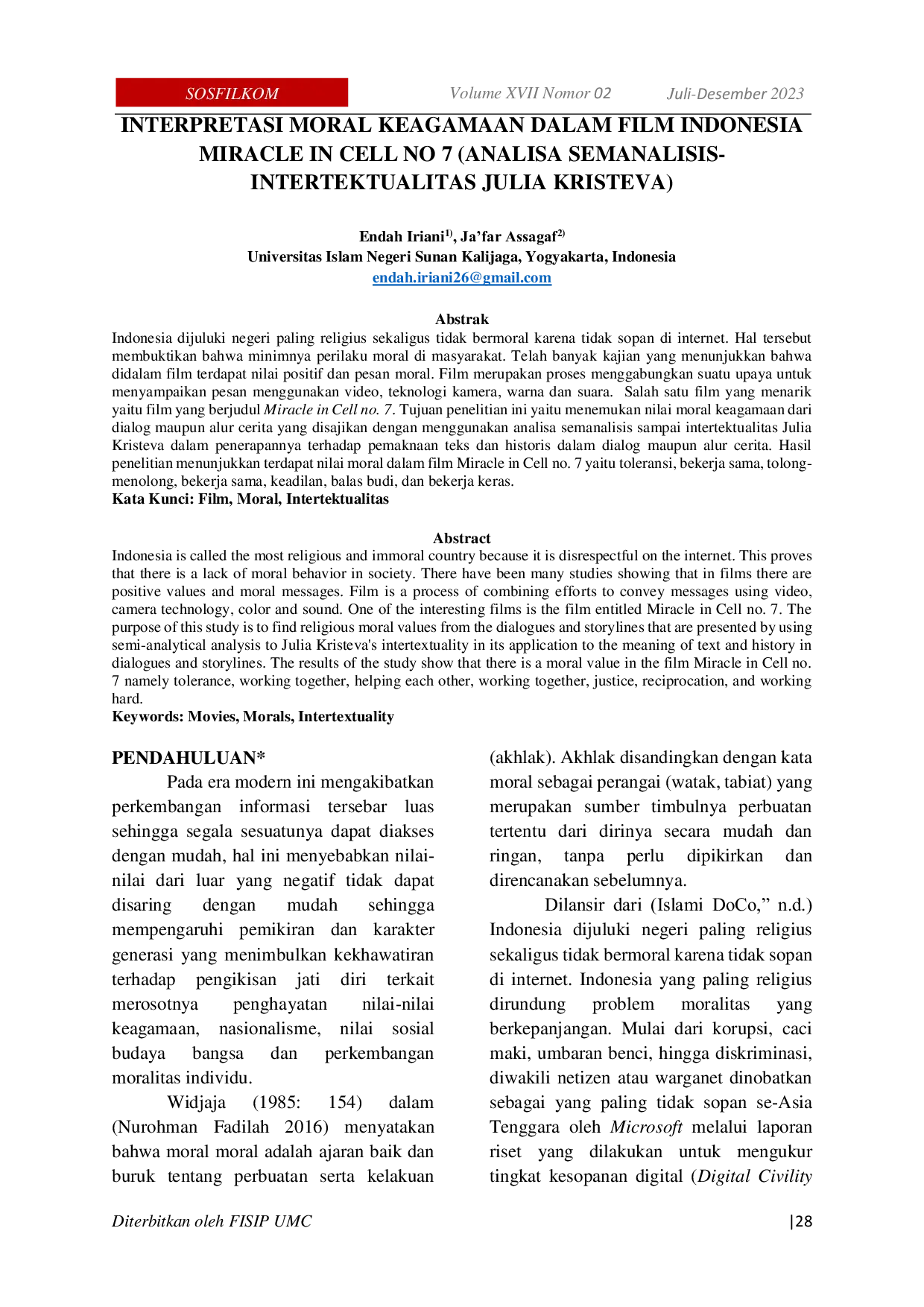 JURIS Interpretasi Moral Keagamaan dalam Film Indonesia Miracle in Cell No 7 Analisa Semanalisis Intertekstualitas Julia Kristeva