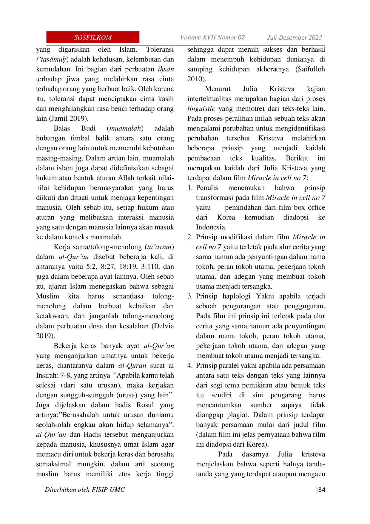 JURIS Interpretasi Moral Keagamaan dalam Film Indonesia Miracle in Cell No 7 Analisa Semanalisis Intertekstualitas Julia Kristeva