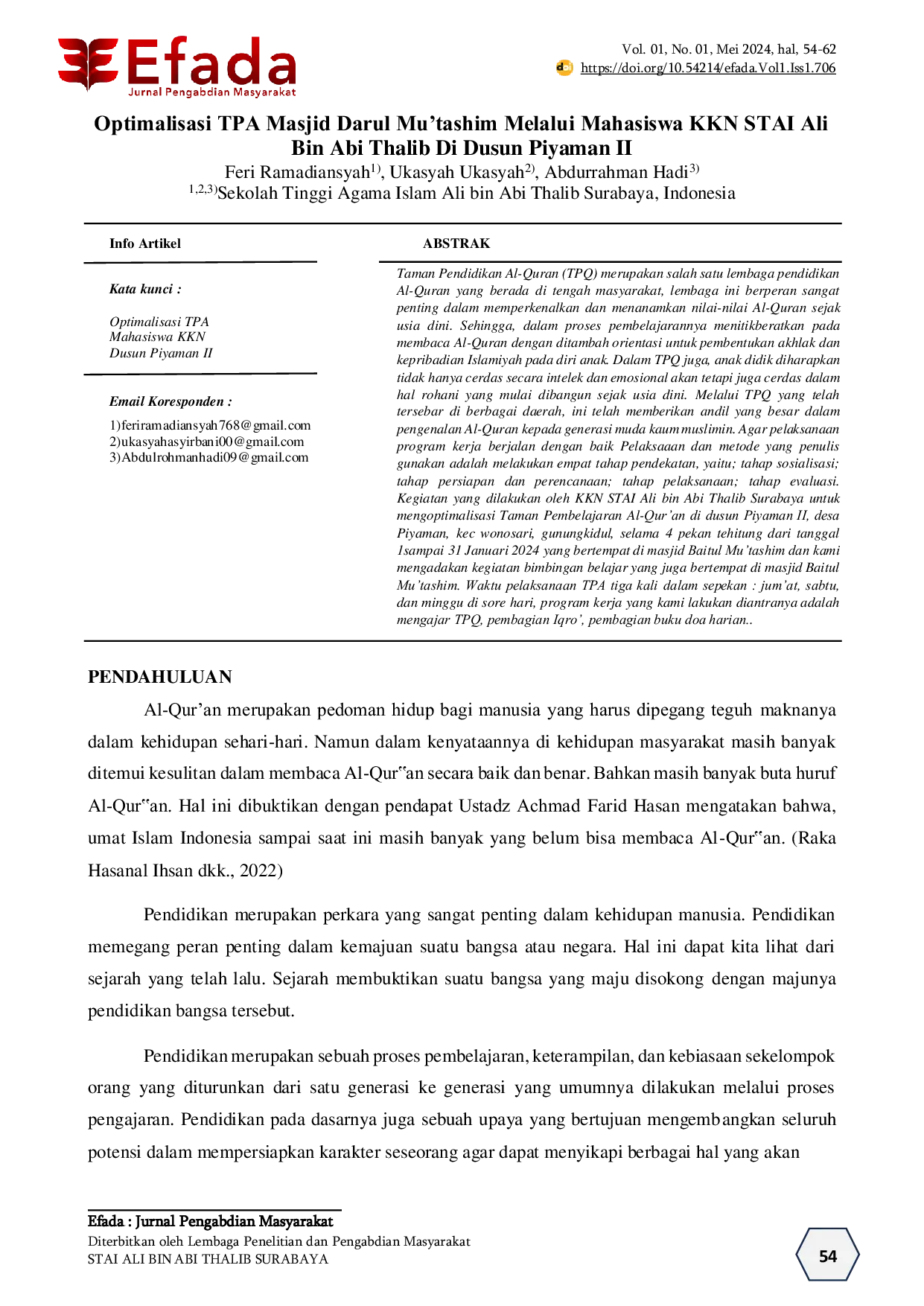 JURIS Optimalisasi TPA Masjid Darul Mu tashim Melalui Mahasiswa KKN STAI Ali Bin Abi Thalib Di Dusun Piyaman II