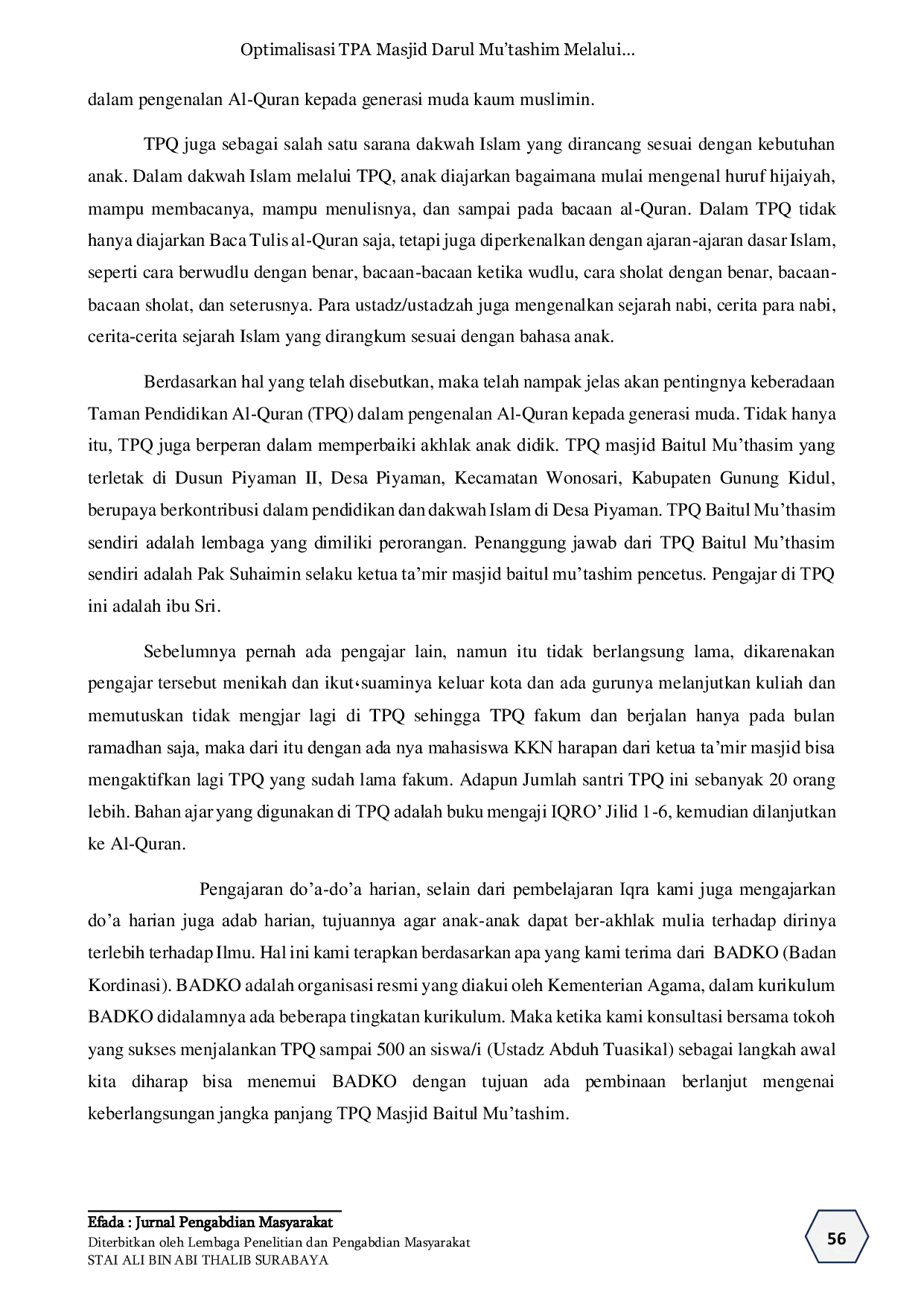 JURIS Optimalisasi TPA Masjid Darul Mu tashim Melalui Mahasiswa KKN STAI Ali Bin Abi Thalib Di Dusun Piyaman II
