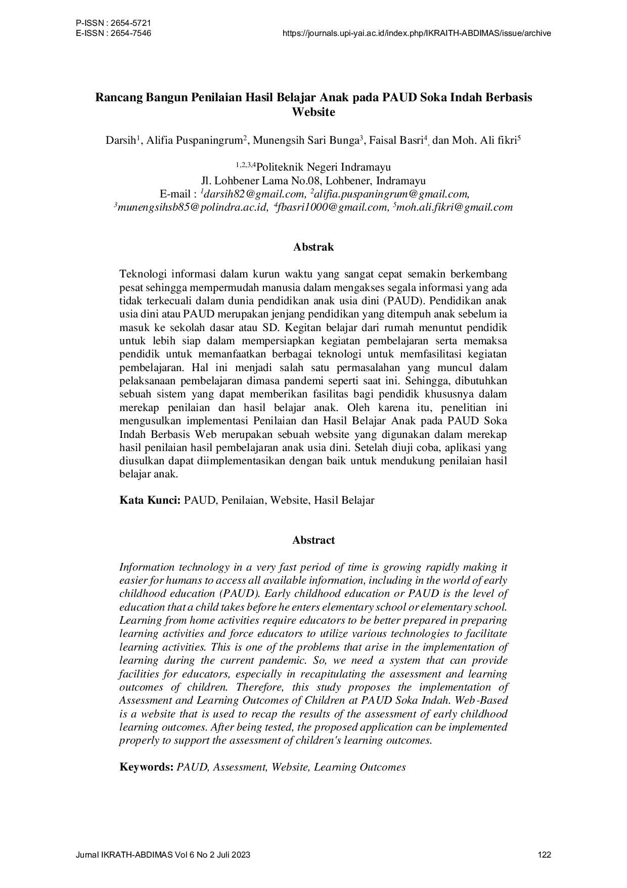 JURIS Rancang Bangun Penilaian Hasil Belajar Anak pada PAUD Soka Indah Berbasis Website