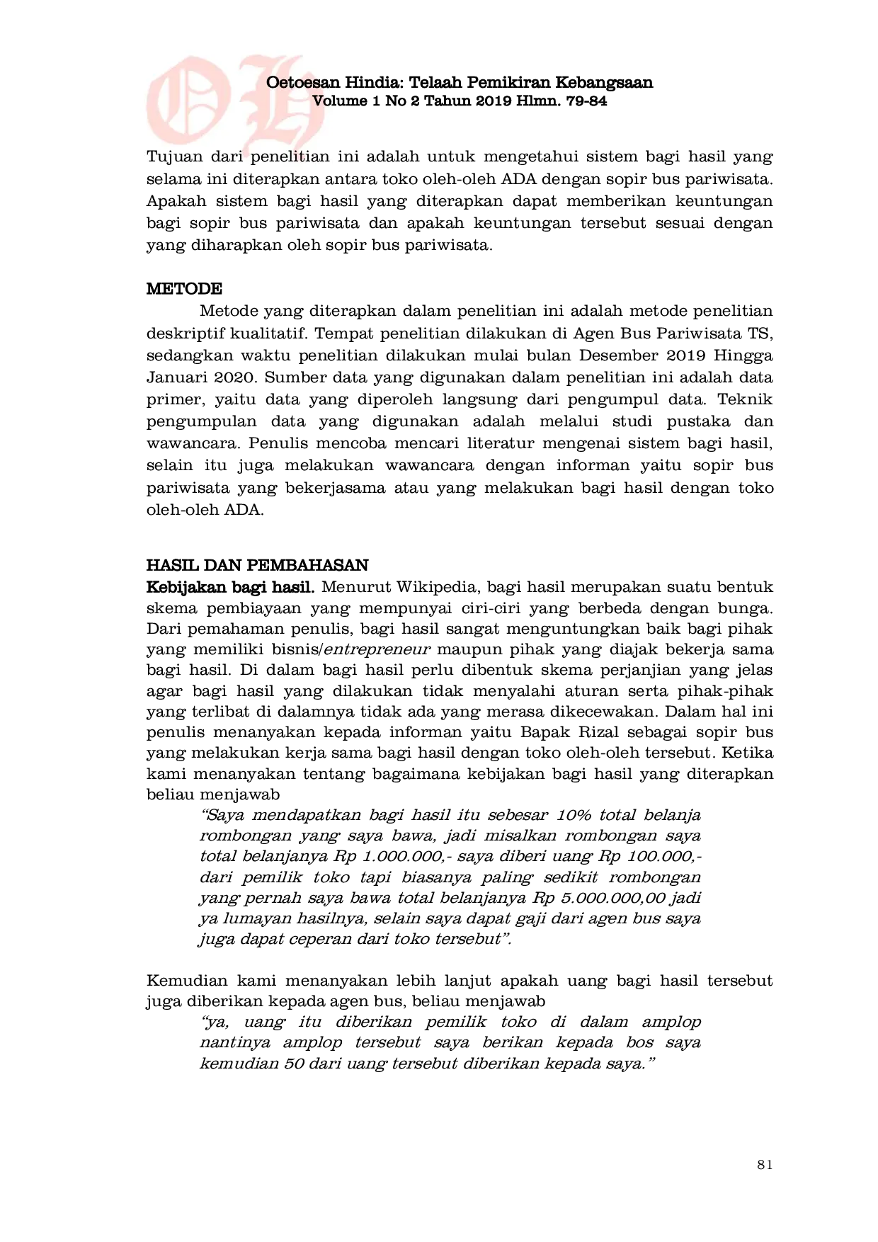 JURIS Penerapan bagi hasil antara sopir bus dengan toko oleh oleh malang