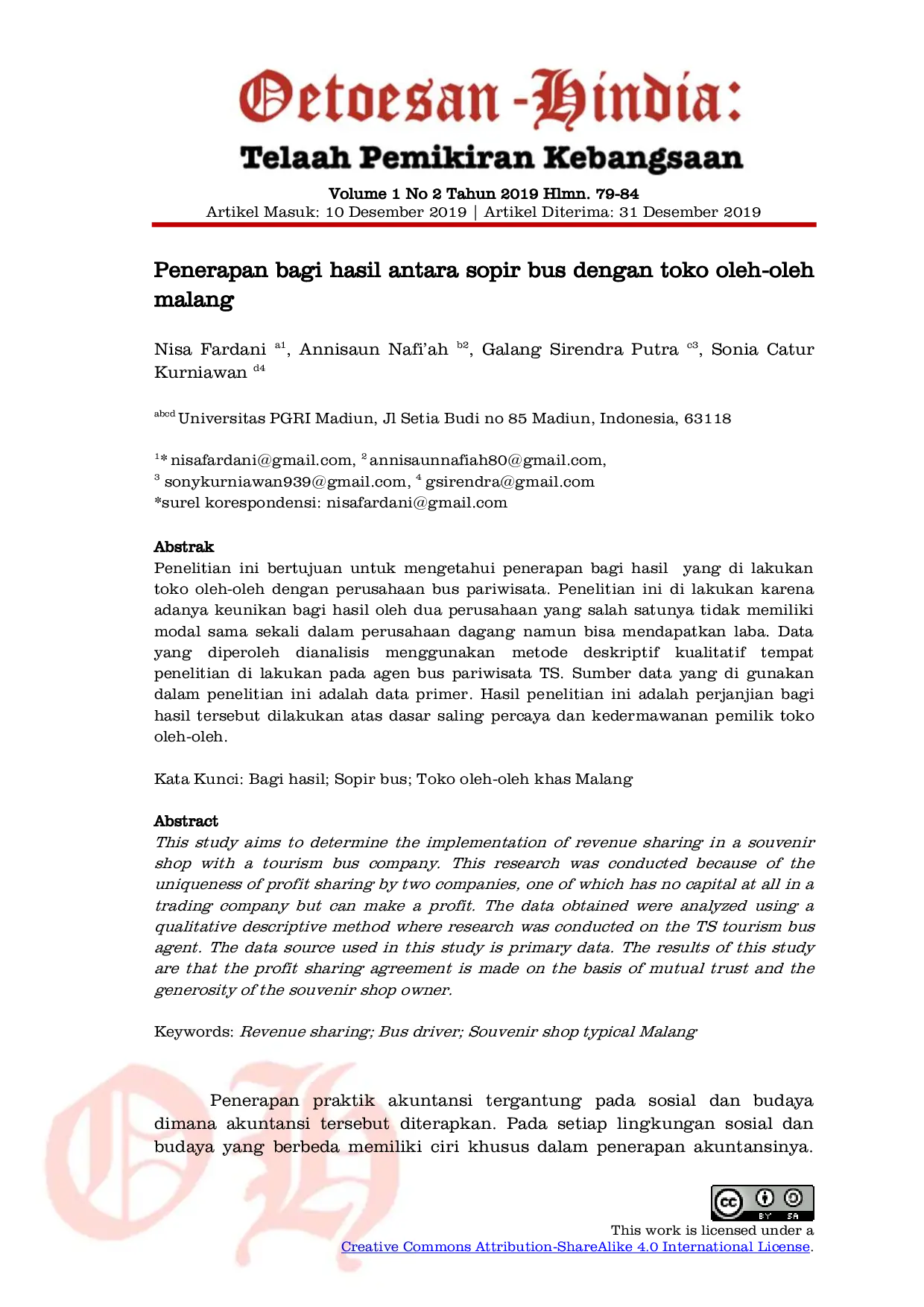 JURIS Penerapan bagi hasil antara sopir bus dengan toko oleh oleh malang