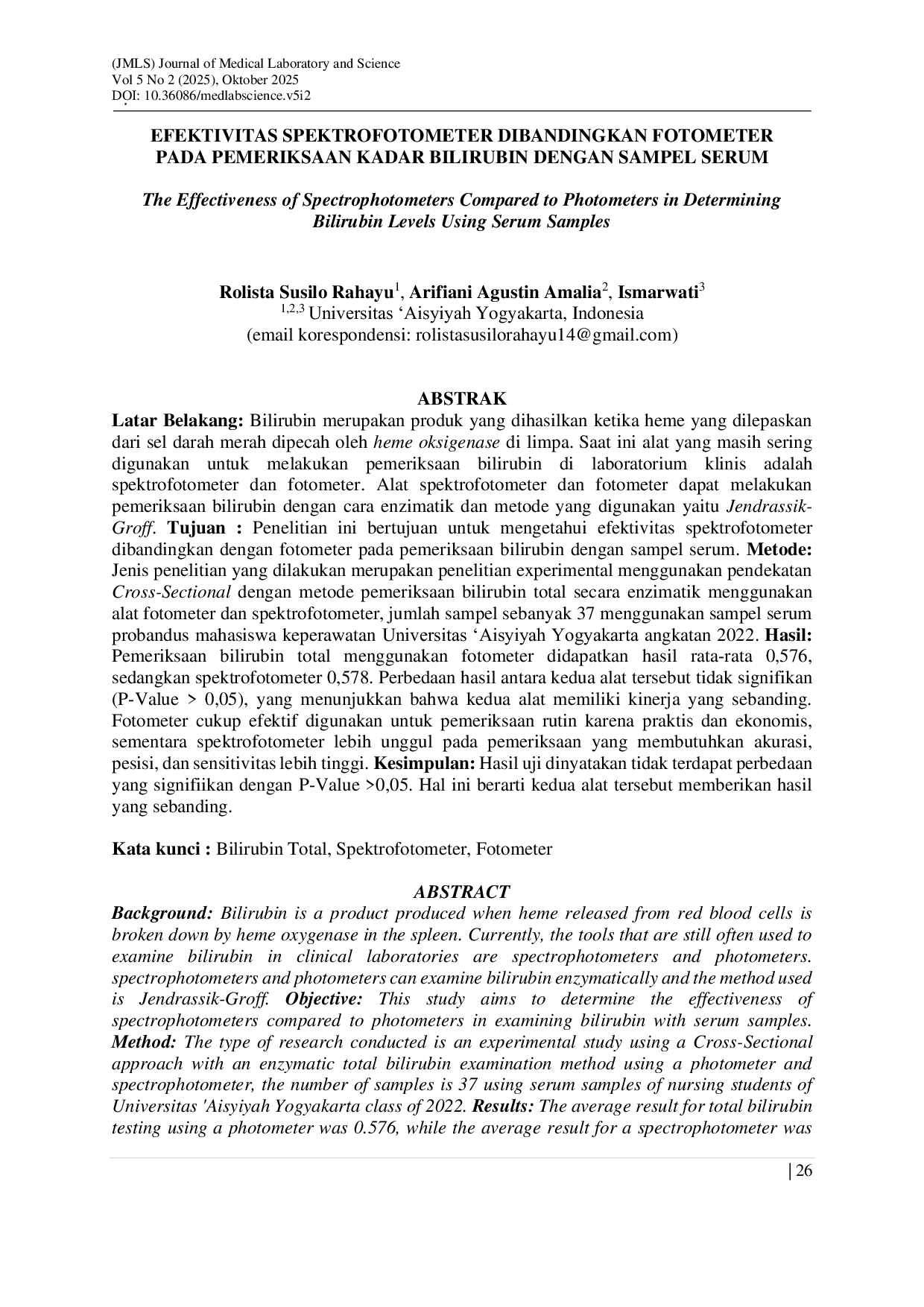 JURIS Efektivitas Spektrofotometer Dibandingkan Fotometer Pada Pemeriksaan Kadar Bilirubin Dengan Sampel Serum