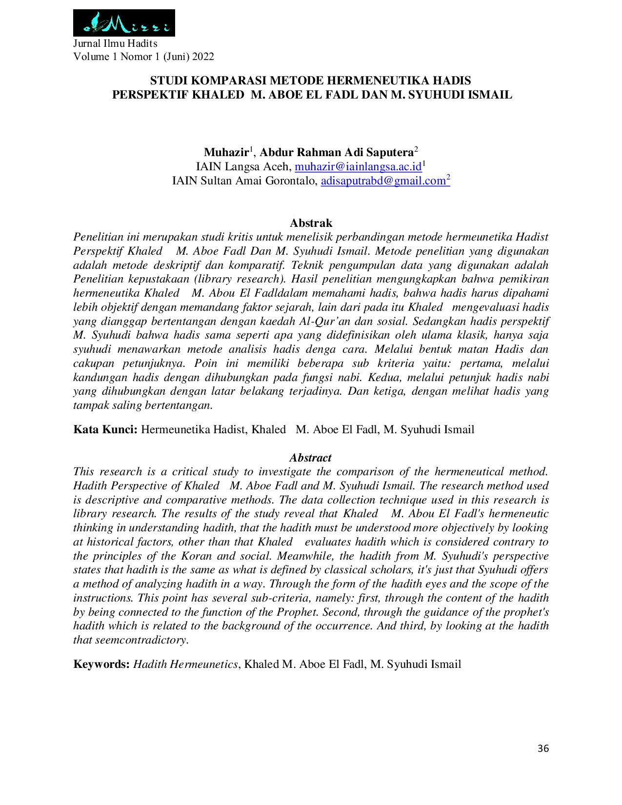 JURIS Studi Komparasi Metode Hermeneutika Hadis Perspektif Khaled M Aboe El Fadl Dan M Syuhudi Ismail