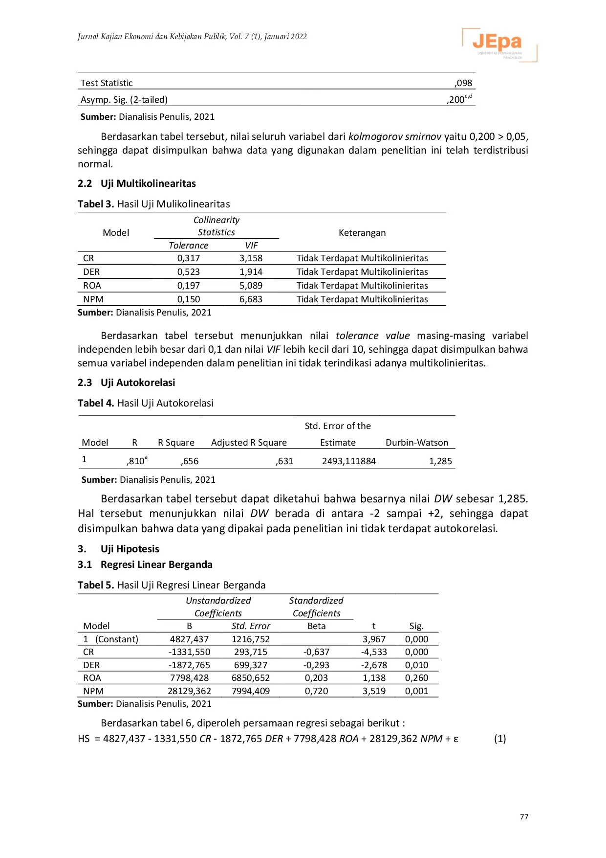 JURIS PENGARUH CURRENT RATIO CR DEBT TO EQUITY RATIO DER RETURN ON ASSETS ROA DAN NET PROFIT MARGIN NPM TERHADAP HARGA SAHAM Studi Empiris Pada Perusahaan Sub Sektor Food And Beverages Yang Terda