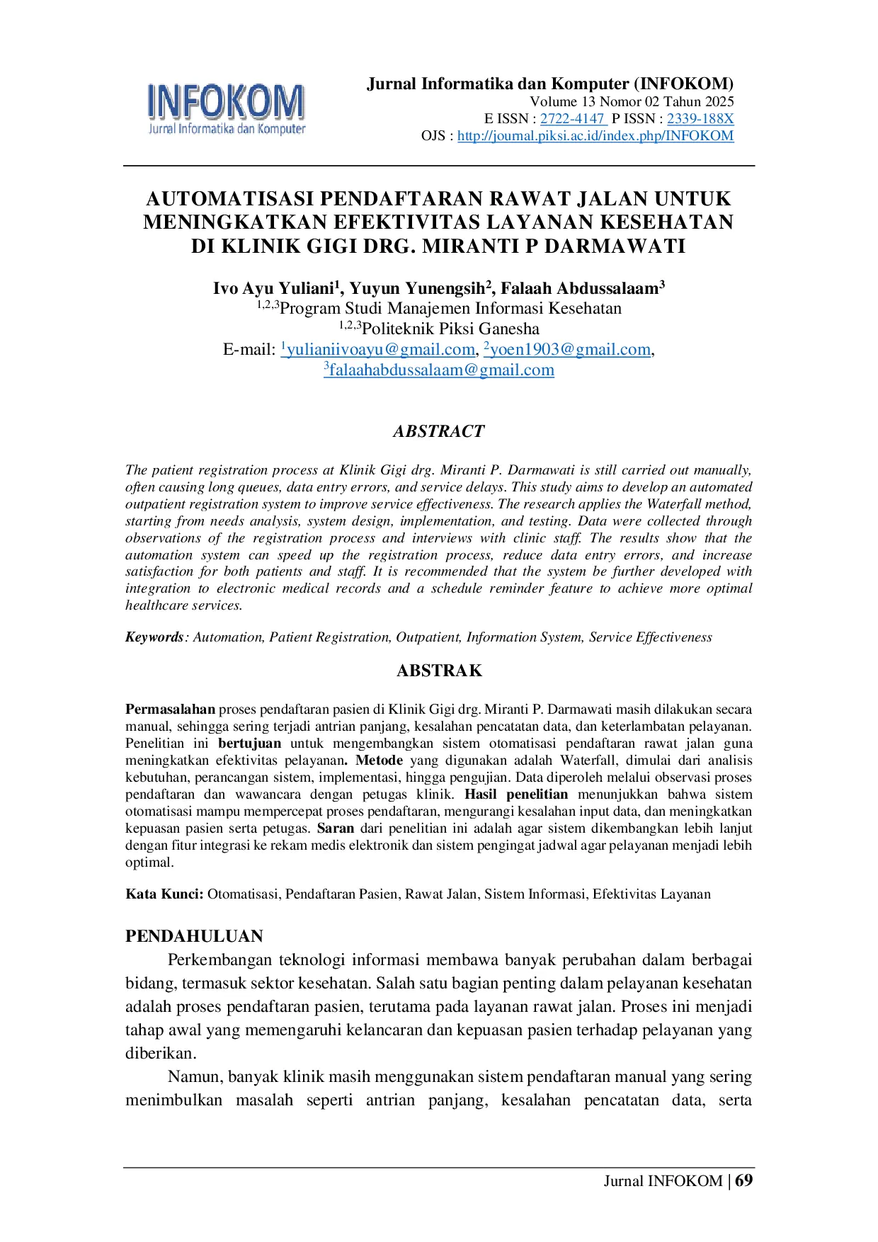 JURIS Automatisasi Pendaftaran Rawat Jalan untuk Meningkatkan Efektivitas Layanan Kesehatan di Klinik Gigi Drg Miranti P Darmawati