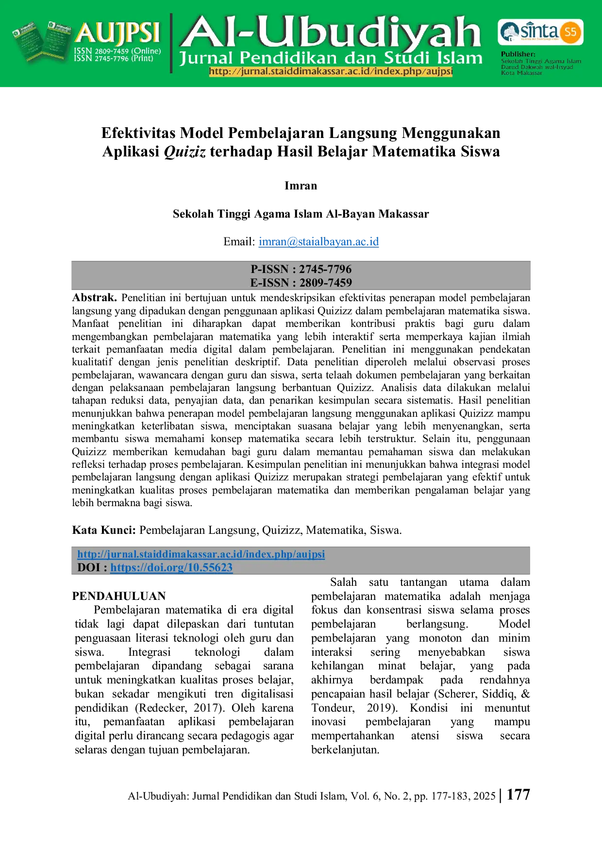 JURIS Efektivitas Model Pembelajaran Langsung Menggunakan Aplikasi Quiziz terhadap Hasil Belajar Matematika Siswa