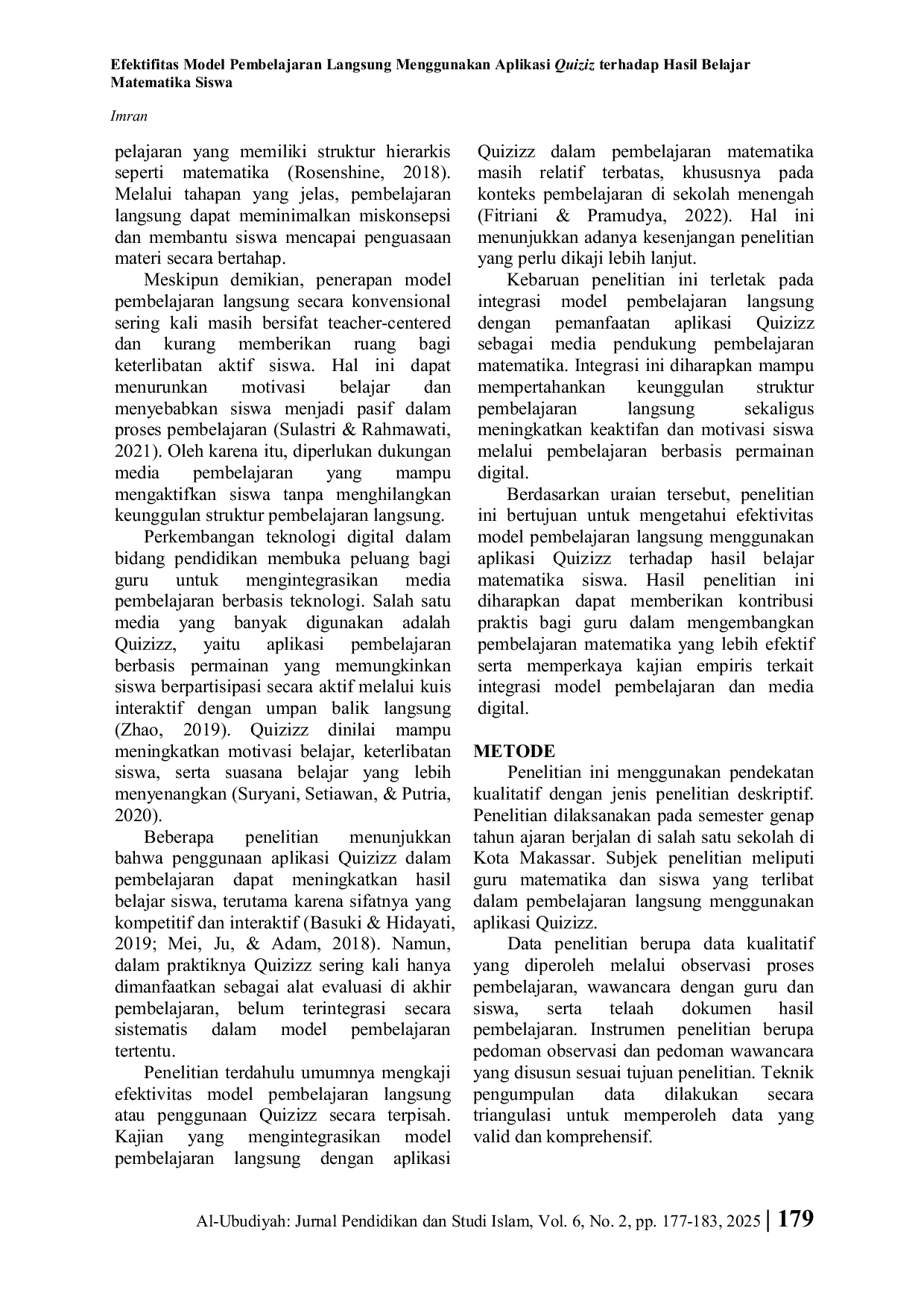 JURIS Efektivitas Model Pembelajaran Langsung Menggunakan Aplikasi Quiziz terhadap Hasil Belajar Matematika Siswa