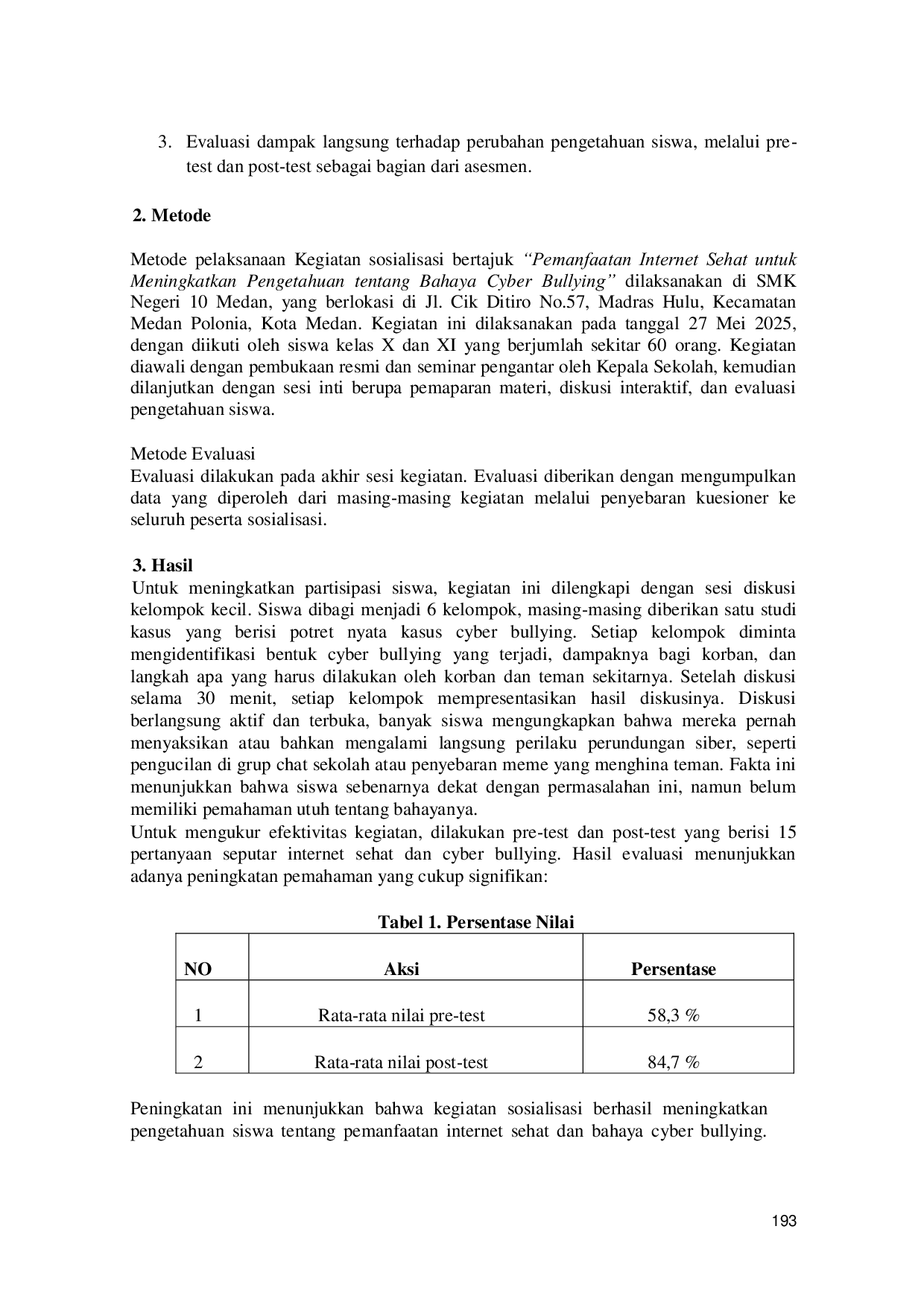 JURIS Sosialisasi Pemanfaatan Pengetahuan Meningkatkan Cyberbullying Pada Siswa Di Smk Negeri 10 Medan