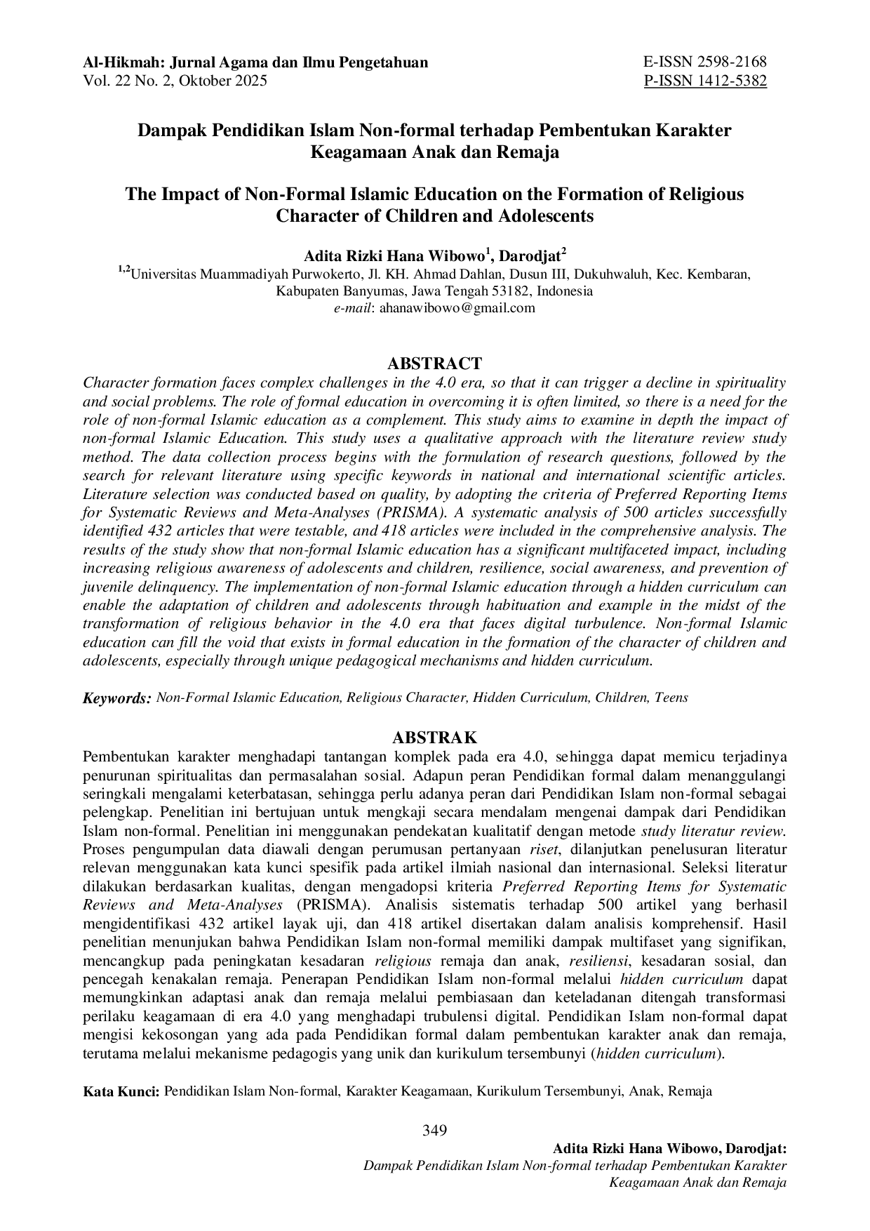 JURIS Dampak Pendidikan Islam Non formal terhadap Pembentukan Karakter Keagamaan Anak dan Remaja