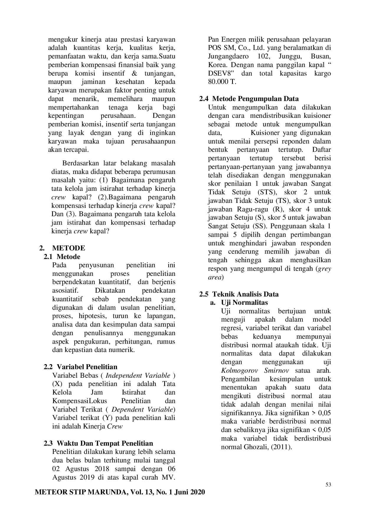 JURIS Pengaruh Tata Kelola Jam Istirahat Dan Kompensasi Terhadap Kinerja Crew Kapal