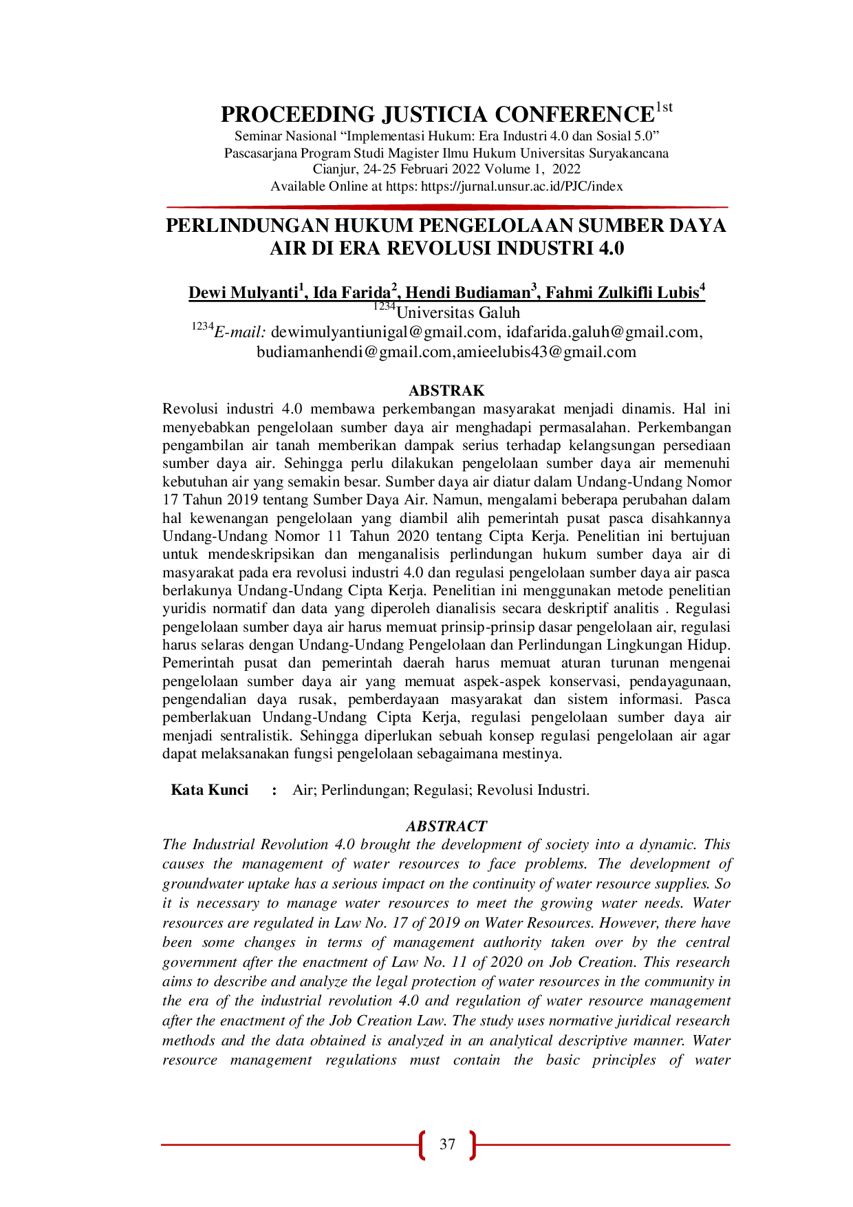 JURIS Perlindungan Hukum Pengelolaan Sumber Daya Air Di Era Revolusi Industri 4 0