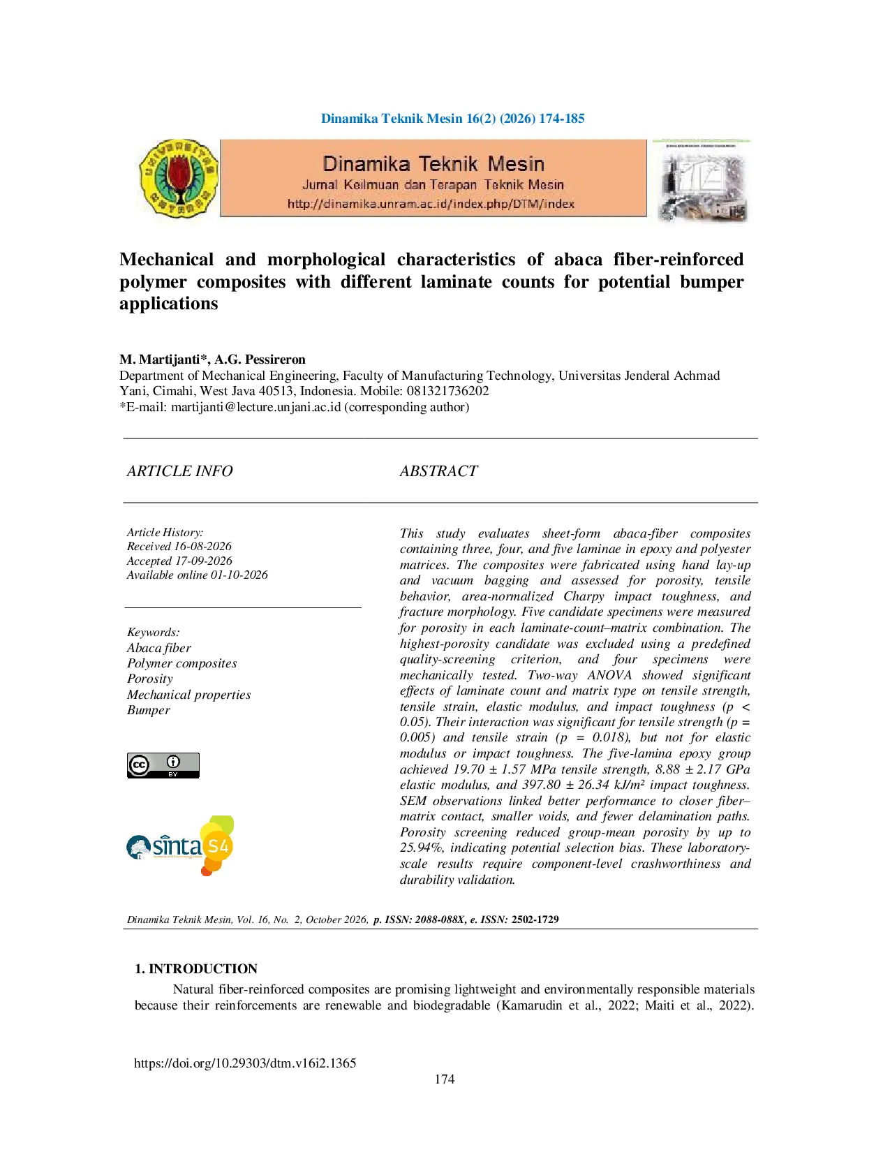 JURIS Mechanical and morphological characteristics of abaca fiber reinforced polymer composites with different laminate counts for potential bumper applications