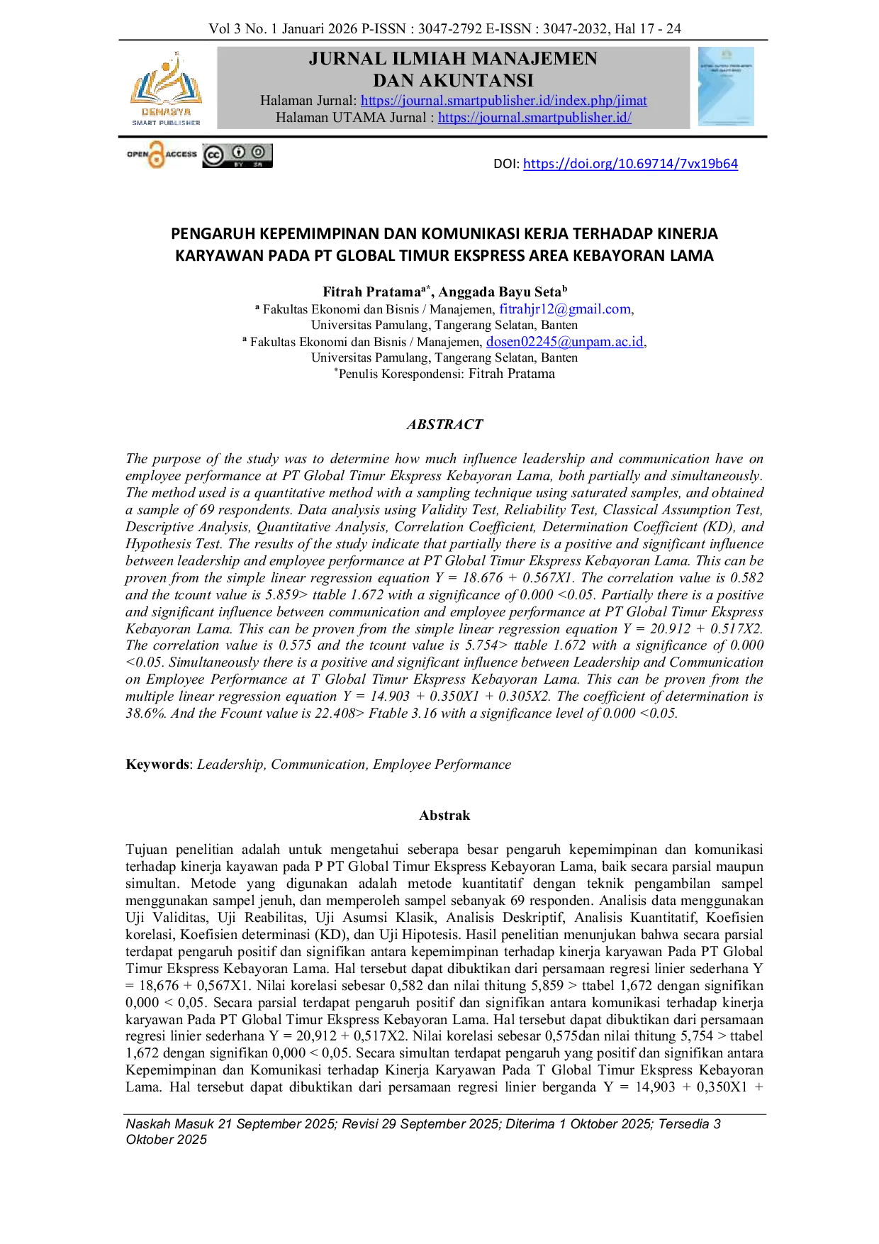 JURIS Pengaruh Kepemimpinan Dan Komunikasi Kerja Terhadap Kinerja Karyawan Pada Pt Global Timur Ekspress Area Kebayoran Lama