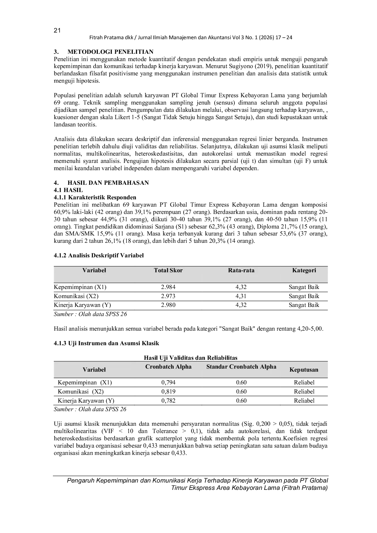 JURIS Pengaruh Kepemimpinan Dan Komunikasi Kerja Terhadap Kinerja Karyawan Pada Pt Global Timur Ekspress Area Kebayoran Lama