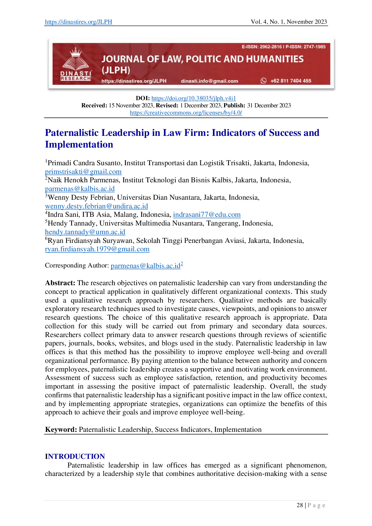 juris Paternalistic Leadership in Law Firm Indicators of Success and Implementation