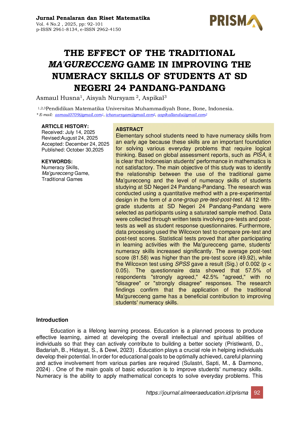 JURIS The Effect of the Traditional Ma gurecceng Game in Improving the Numeracy Skills of Students at SD Negeri 24 Pandang Pandang