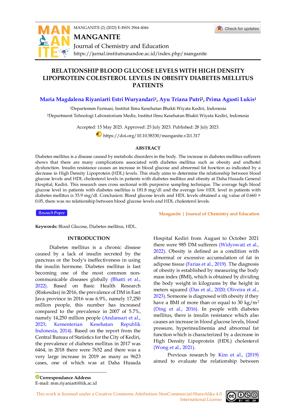 JURIS The Relationship between Blood Glucose Levels and High Density Lipoprotein Cholesterol Levels in Diabetes Mellitus Patients with Obesity Hubungan Kadar Glukosa Darah dengan Kadar Kolesterol High Dens