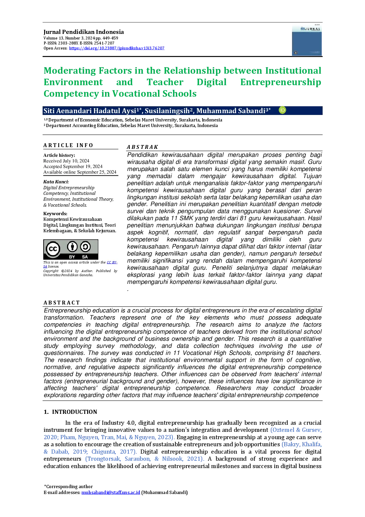 juris Faktor Moderasi Hubungan Lingkungan Kelembagaan dengan Kompetensi Kewirausahaan Digital Guru di SMK