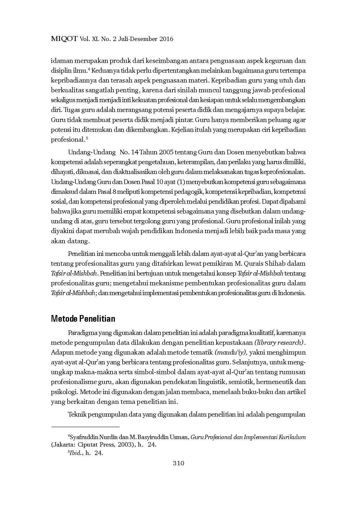 juris Profesionalitas Guru Menurut M Quraish Shihab Dalam Tafsir Al Mishbah