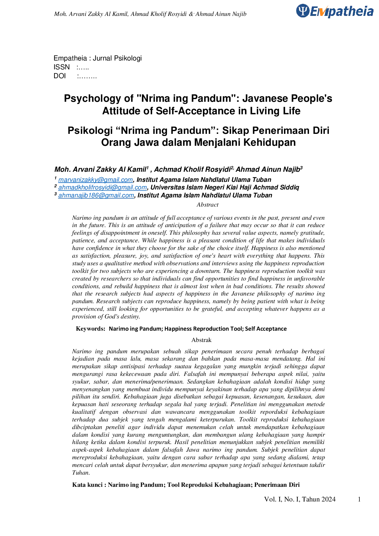 JURIS Psikologi Nrima ing Pandum Sikap Penerimaan Diri Orang Jawa dalam Menjalani Kehidupan