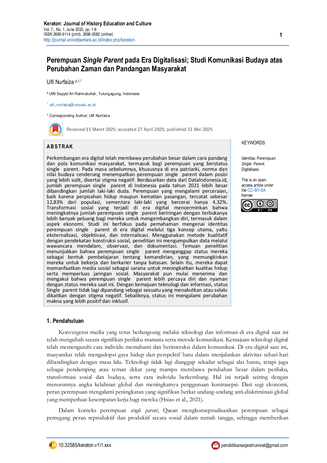 JURIS Perempuan Single Parent pada Era Digitalisasi Studi Komunikasi Budaya atas Perubahan Zaman dan Pandangan Masyarakat