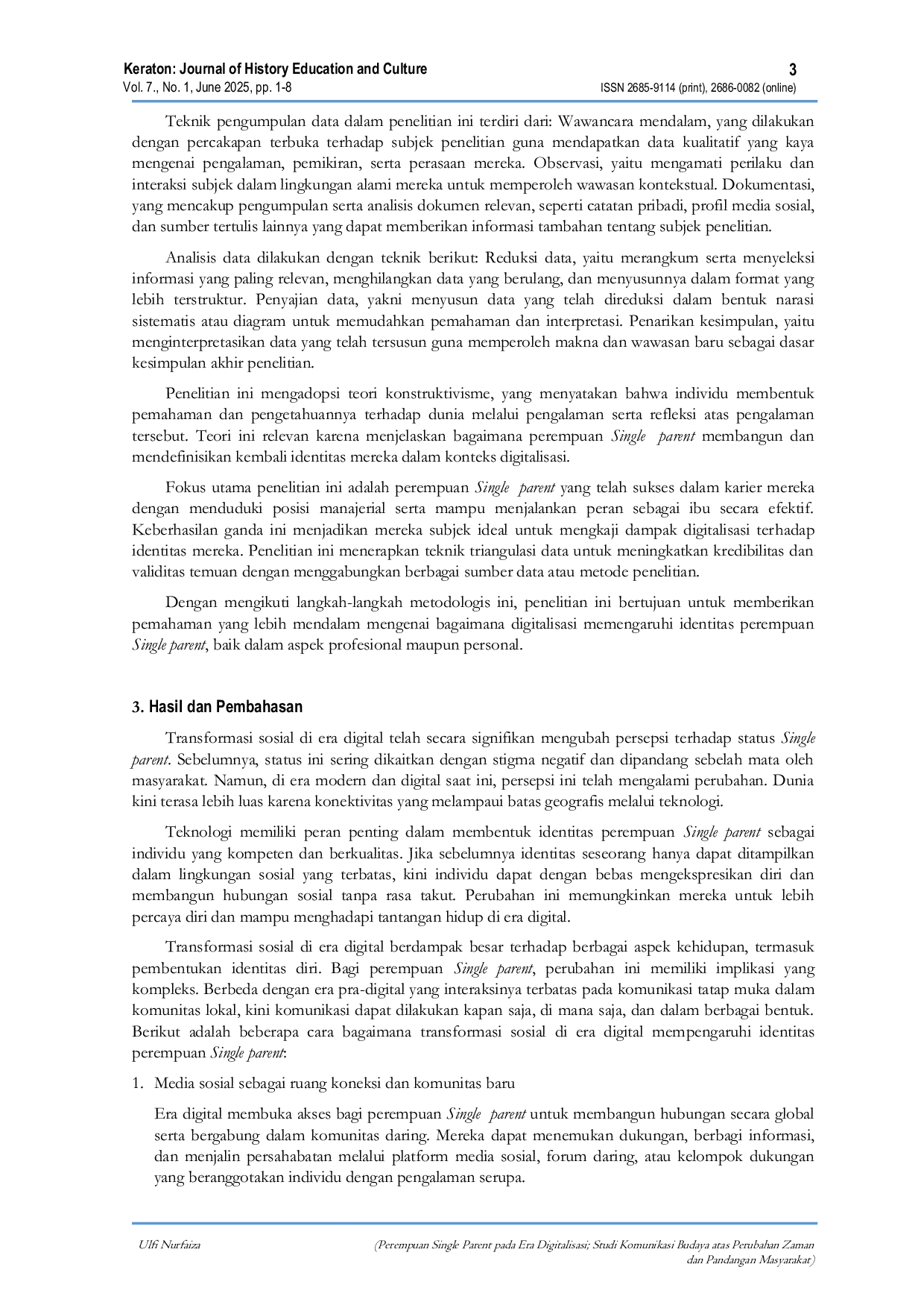 JURIS Perempuan Single Parent pada Era Digitalisasi Studi Komunikasi Budaya atas Perubahan Zaman dan Pandangan Masyarakat