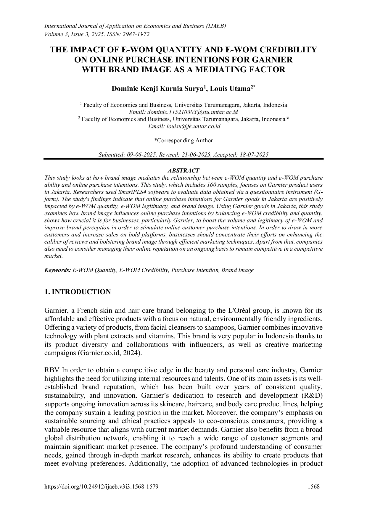 JURIS The Impact of E WOM Quantity and E WOM Credibility on Online Purchase Intentions for Garnier with Brand Image as a Mediating Factor
