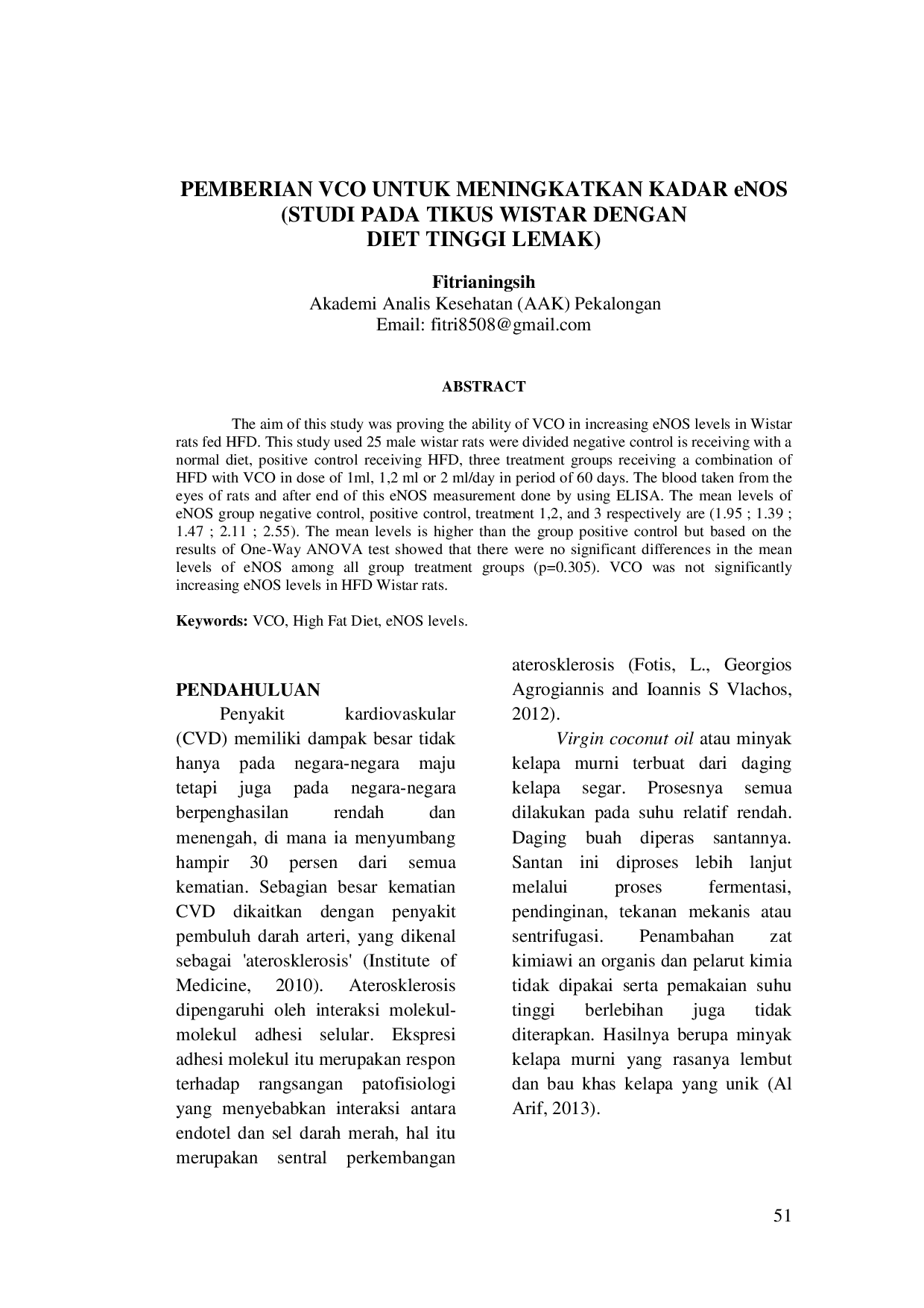 juris PEMBERIAN VCO UNTUK MENINGKATKAN KADAR eNOS STUDI PADA TIKUS WISTAR DENGAN DIET TINGGI LEMAK