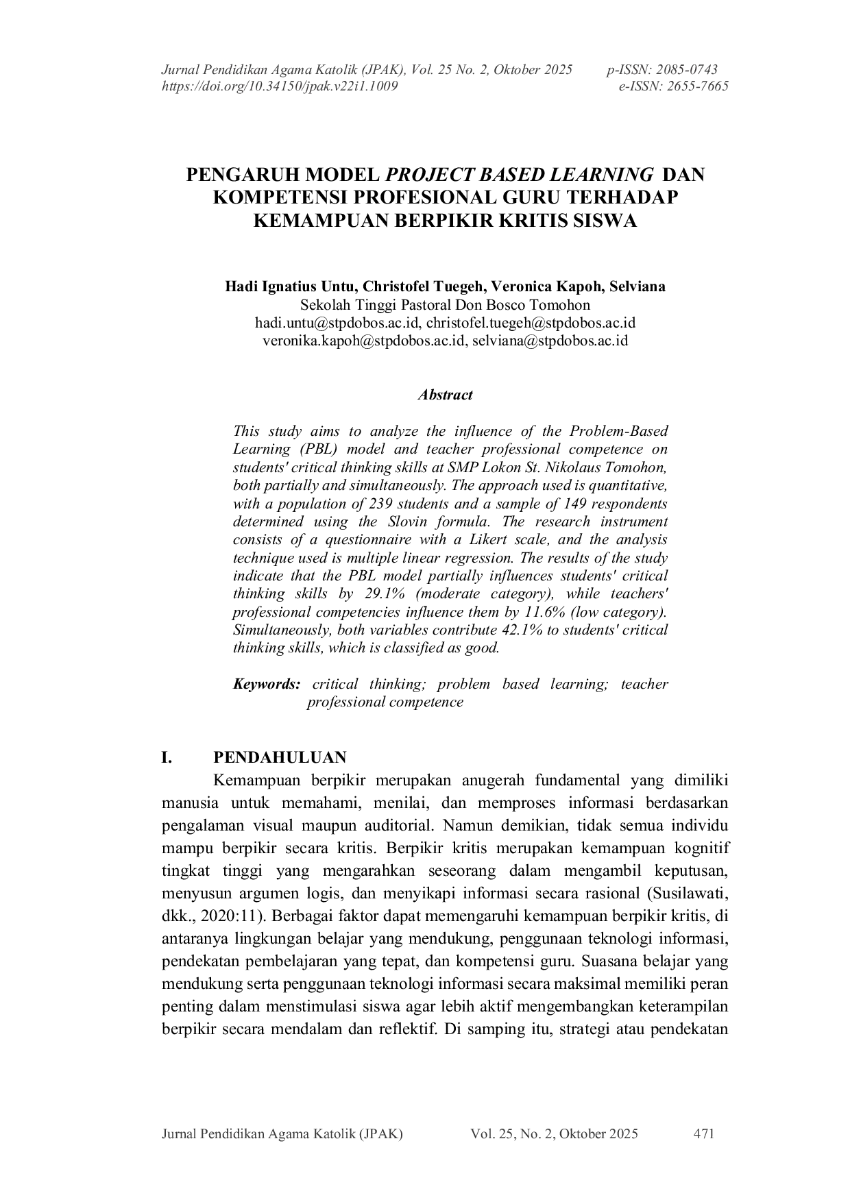 JURIS Pengaruh Model Project Based Learning dan Kompetensi Profesional Guru Terhadap Kemampuan Berpikir Kritis Siswa