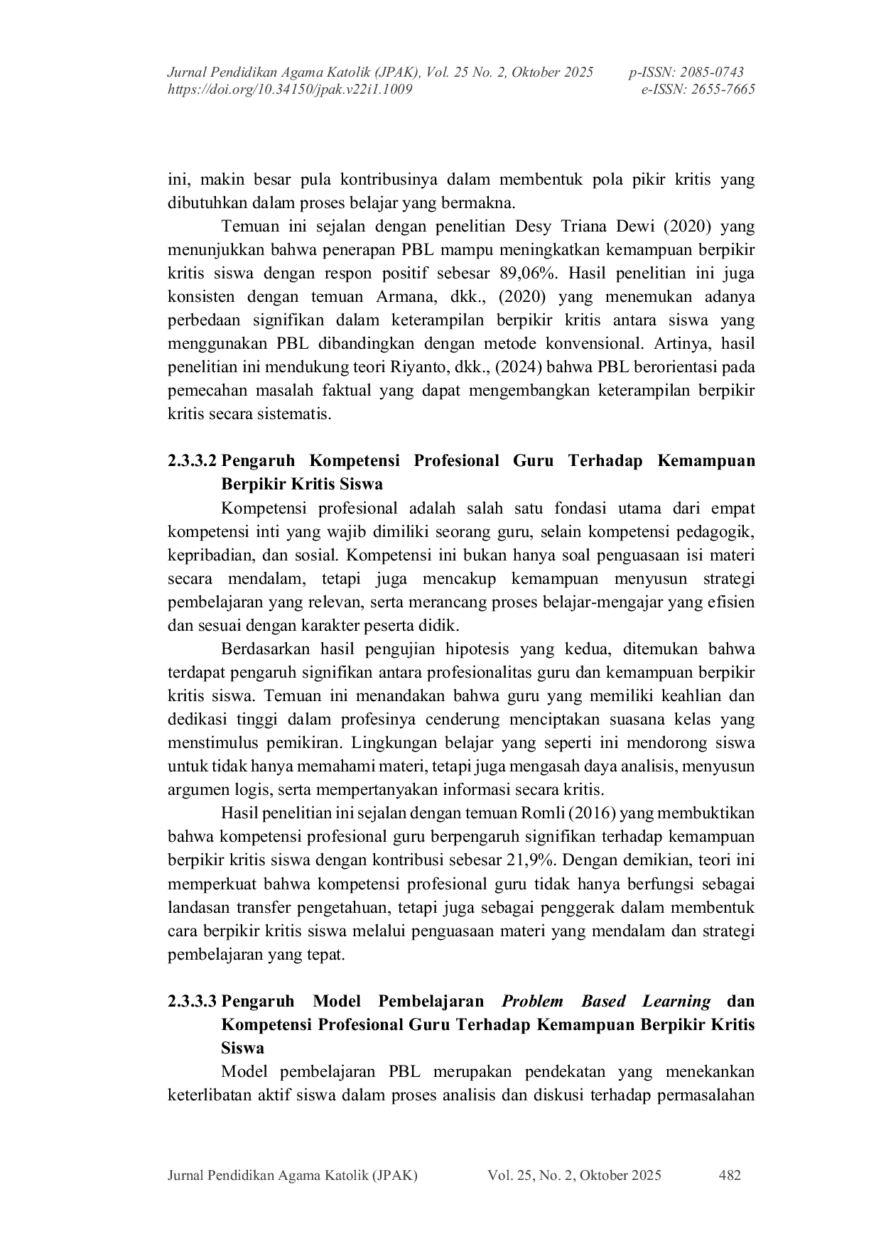 JURIS Pengaruh Model Project Based Learning dan Kompetensi Profesional Guru Terhadap Kemampuan Berpikir Kritis Siswa