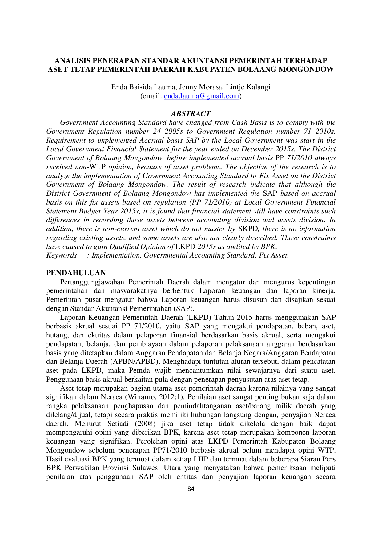 JURIS Analisis Penerapan Standar Akuntansi Pemerintah Terhadap Aset Tetap Pemerintah Daerah Kabupaten Bolaang Mongondow