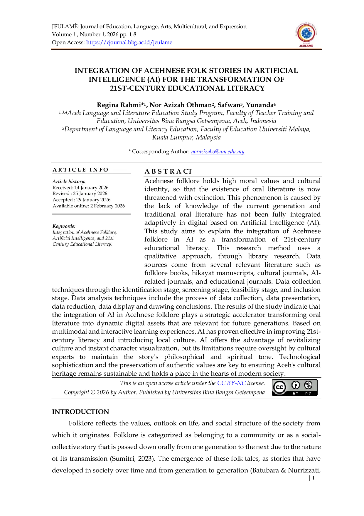 JURIS Integration Of Acehnese Folk Stories In Artificial Intelligence AI For The Transformation Of 21st Century Educational Literacy