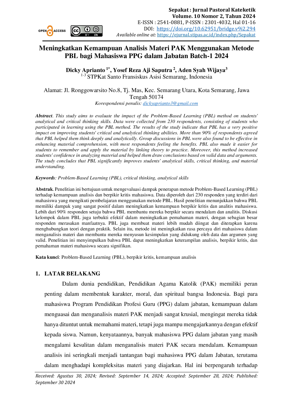 JURIS Meningkatkan Kemampuan Analisis Materi PAK Menggunakan Metode PBL bagi Mahasiswa PPG dalam Jabatan Batch 1 2024