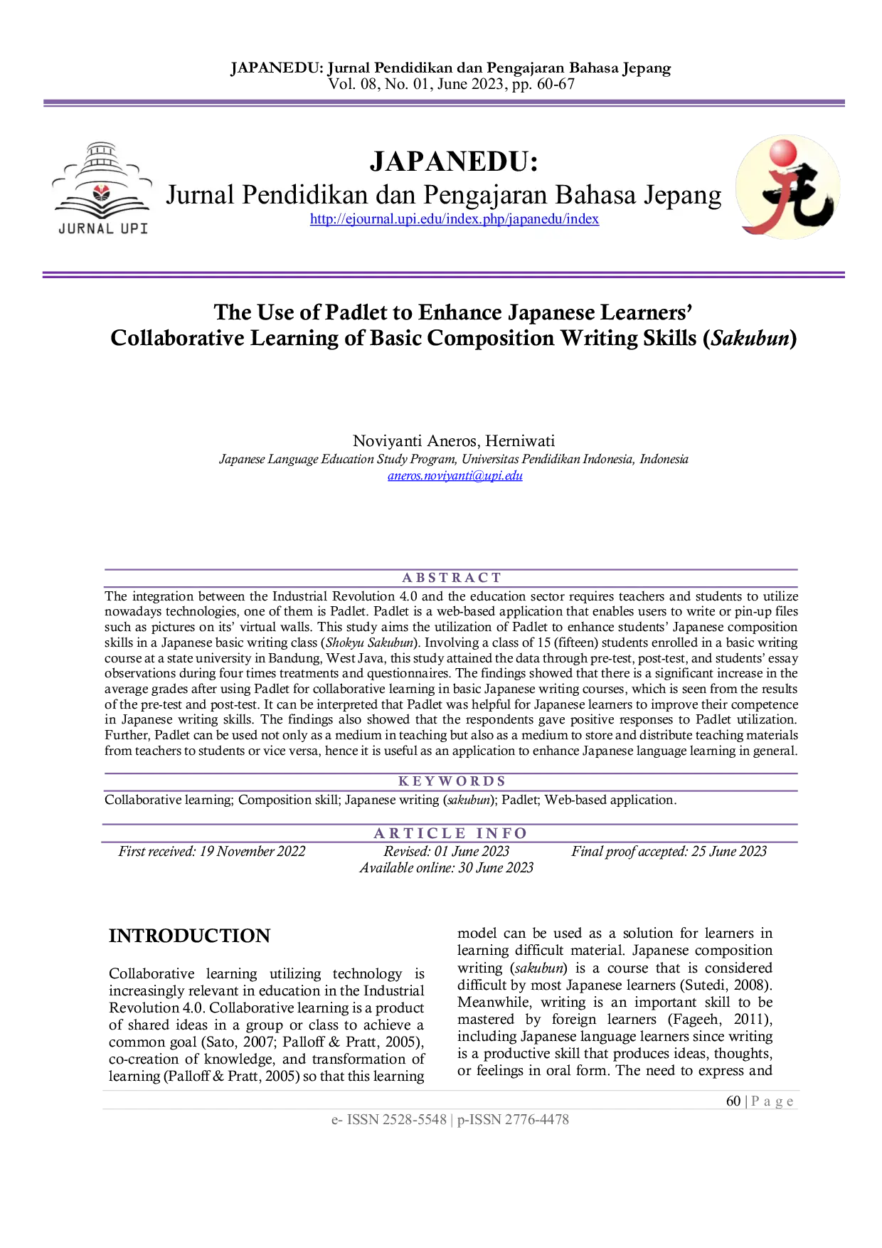 JURIS The Use of Padlet to Enhance Japanese Learners Collaborative Learning of Basic Composition Writing Skills Sakubun
