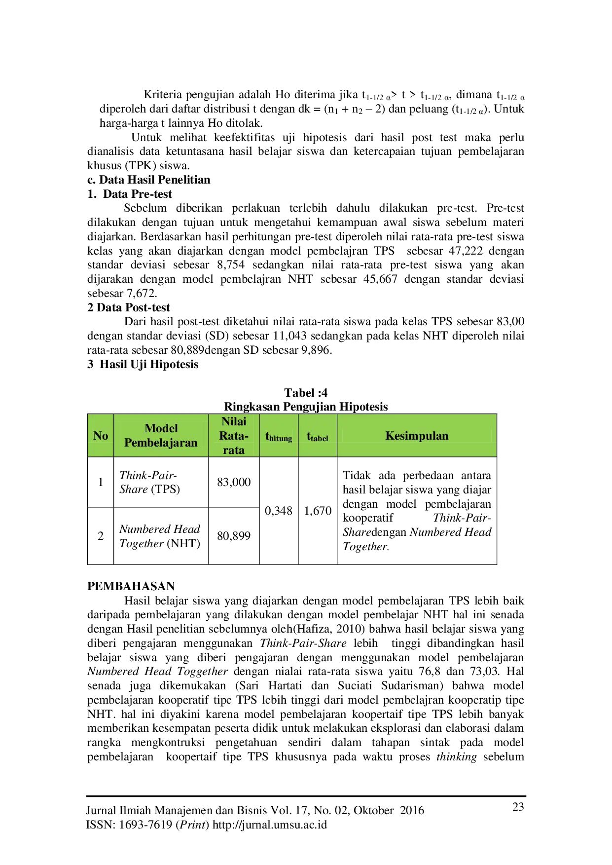 JURIS Perbedaan Model Pembelajaran Kooperatif Think Pair Share TPS dengan Model Pembelajaran Numbered Head Together NHT Terhadap Hasil Belajar Siswa pada Materi Matematika di SMPN I Tanjung Morawa