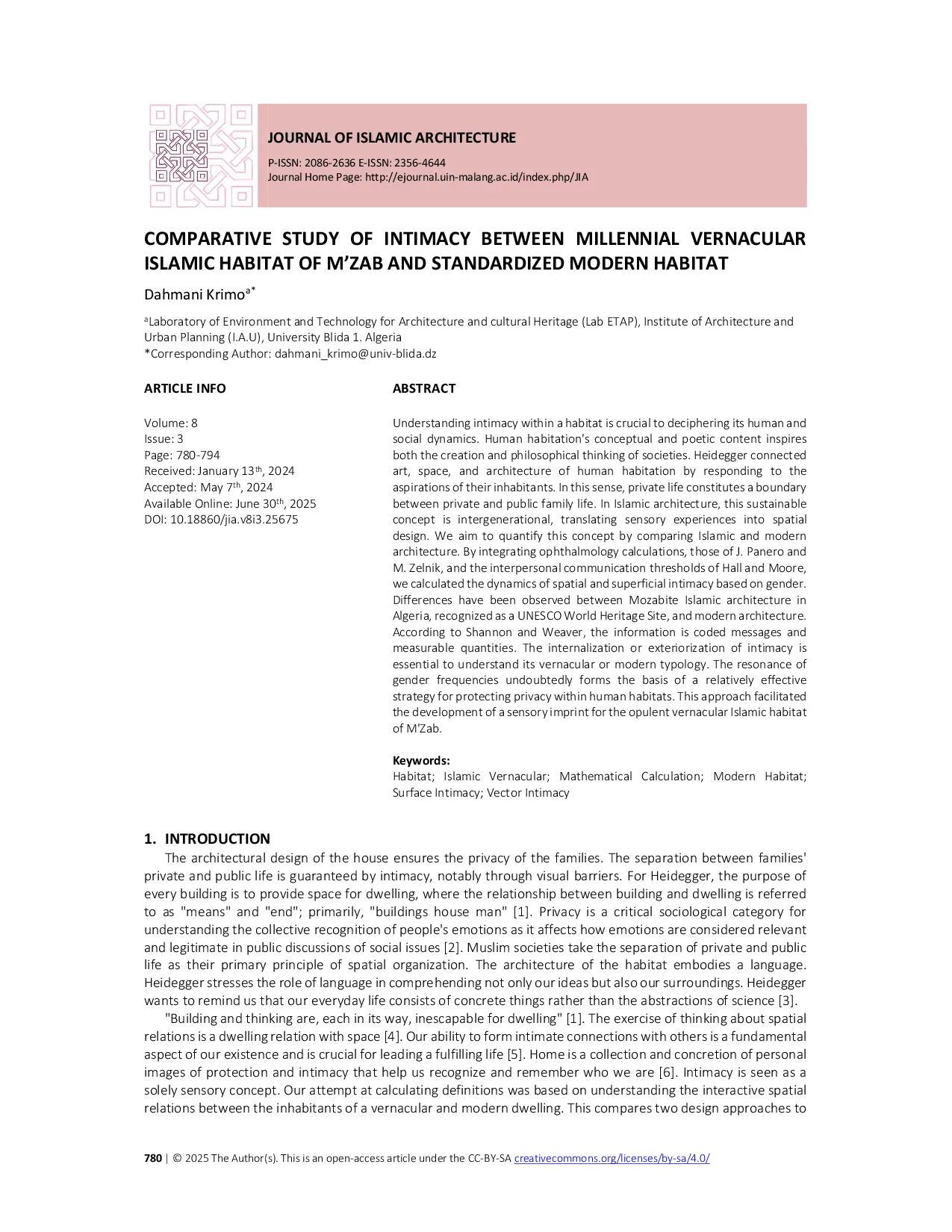 JURIS Comparative Study of Intimacy Between Millennial Vernacular Islamic Habitat of M zab and Standardized Modern Habitat