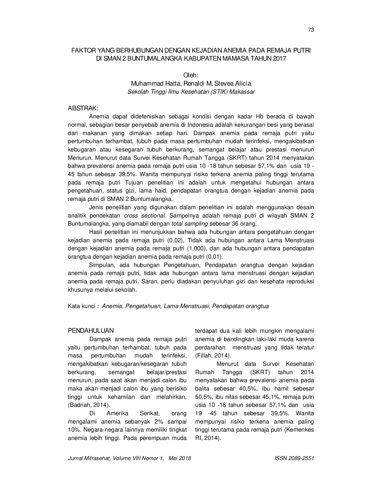 JURIS Faktor yang Berhubungan dengan Kejadian Anemia pada Remaja Putri di SMAN 2 Buntumalangka Kabupaten Mamasa Tahun 2017