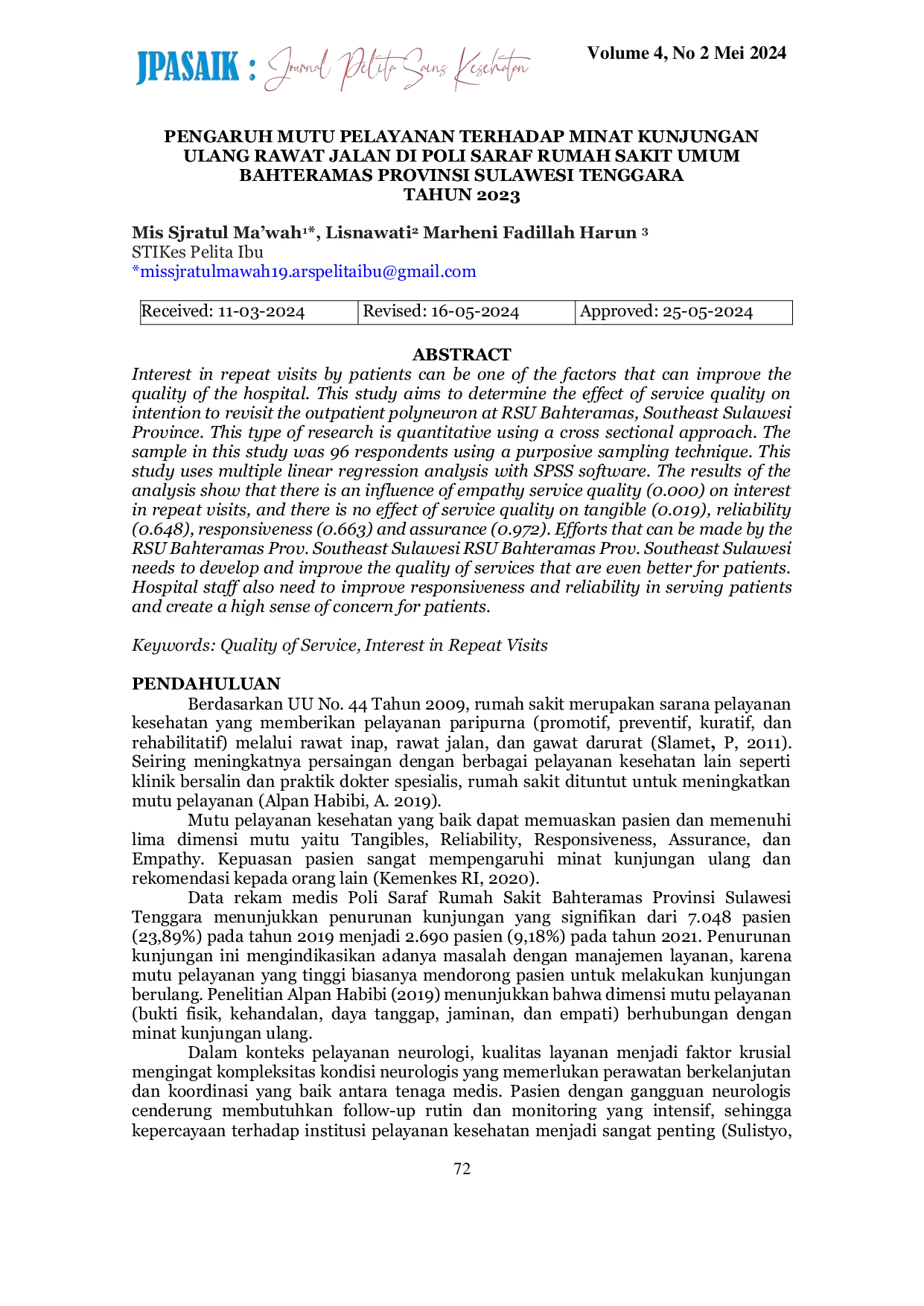 JURIS Pengaruh Mutu Pelayanan Terhadap Minat Kunjungan Ulang Rawat Jalan Di Poli Saraf Rumah Sakit Umum Bahteramas Provinsi Sulawesi Tenggara Tahun 2023