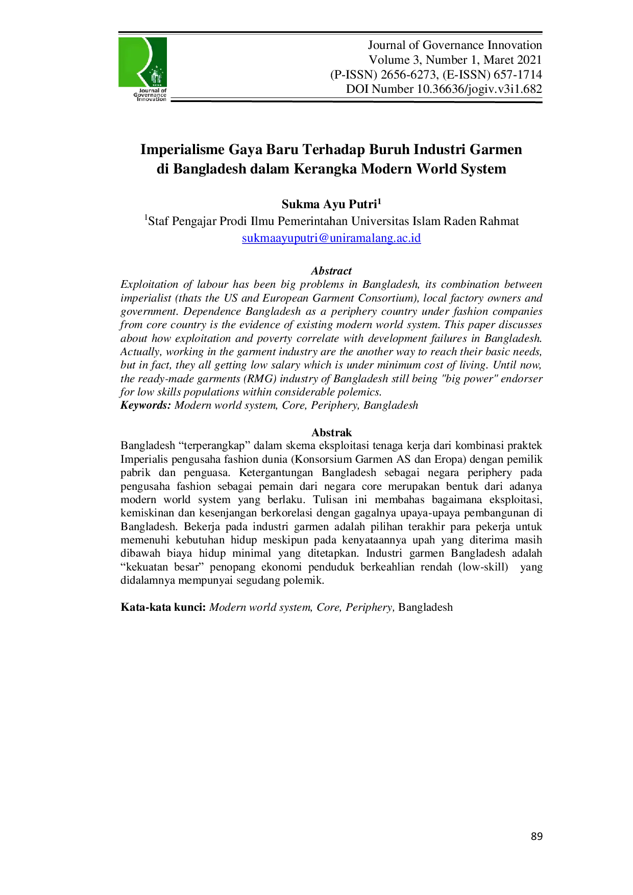 JURIS Imperialisme Gaya Baru Terhadap Buruh Industri Garmen di Bangladesh dalam Kerangka Modern World System