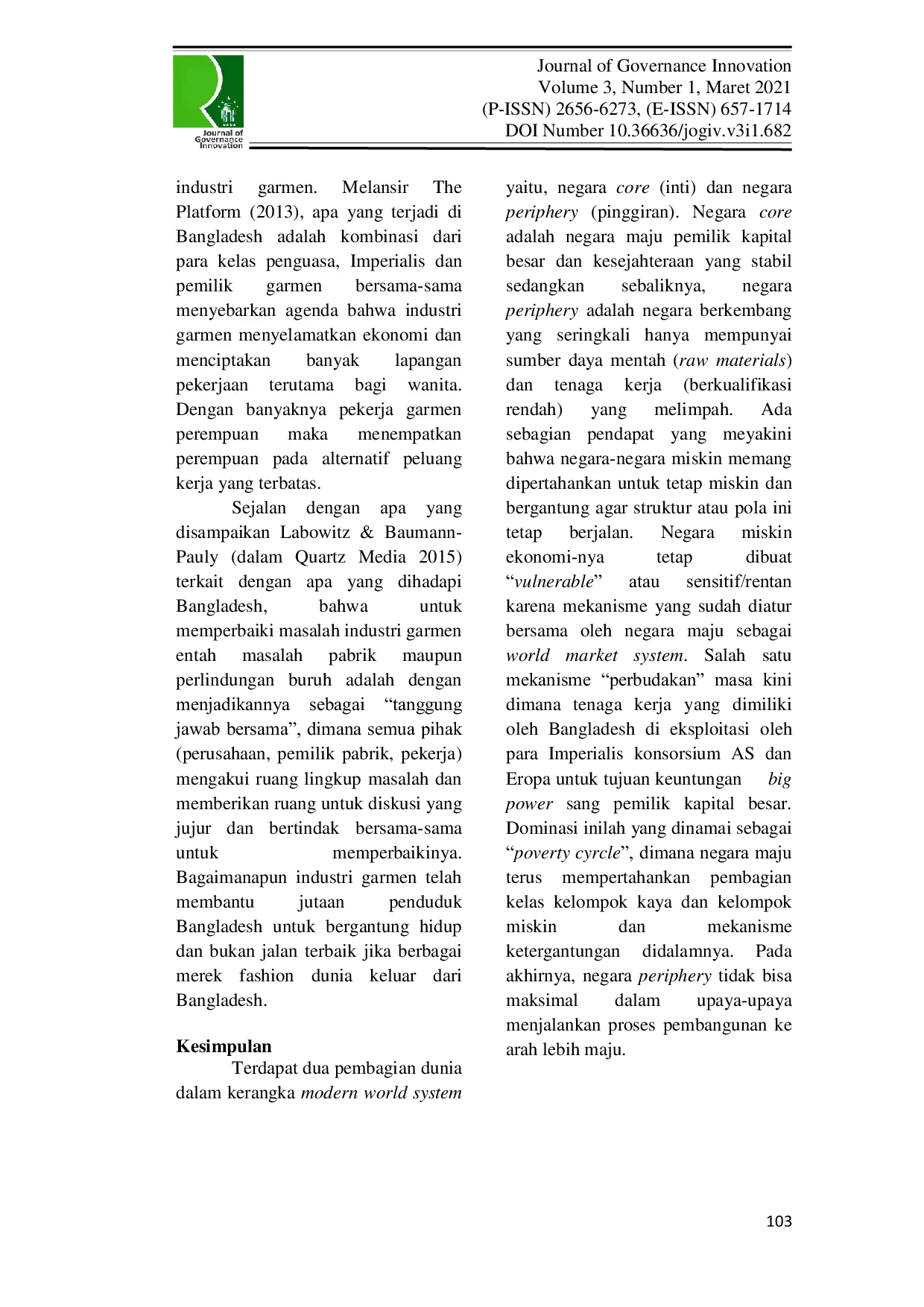 JURIS Imperialisme Gaya Baru Terhadap Buruh Industri Garmen di Bangladesh dalam Kerangka Modern World System