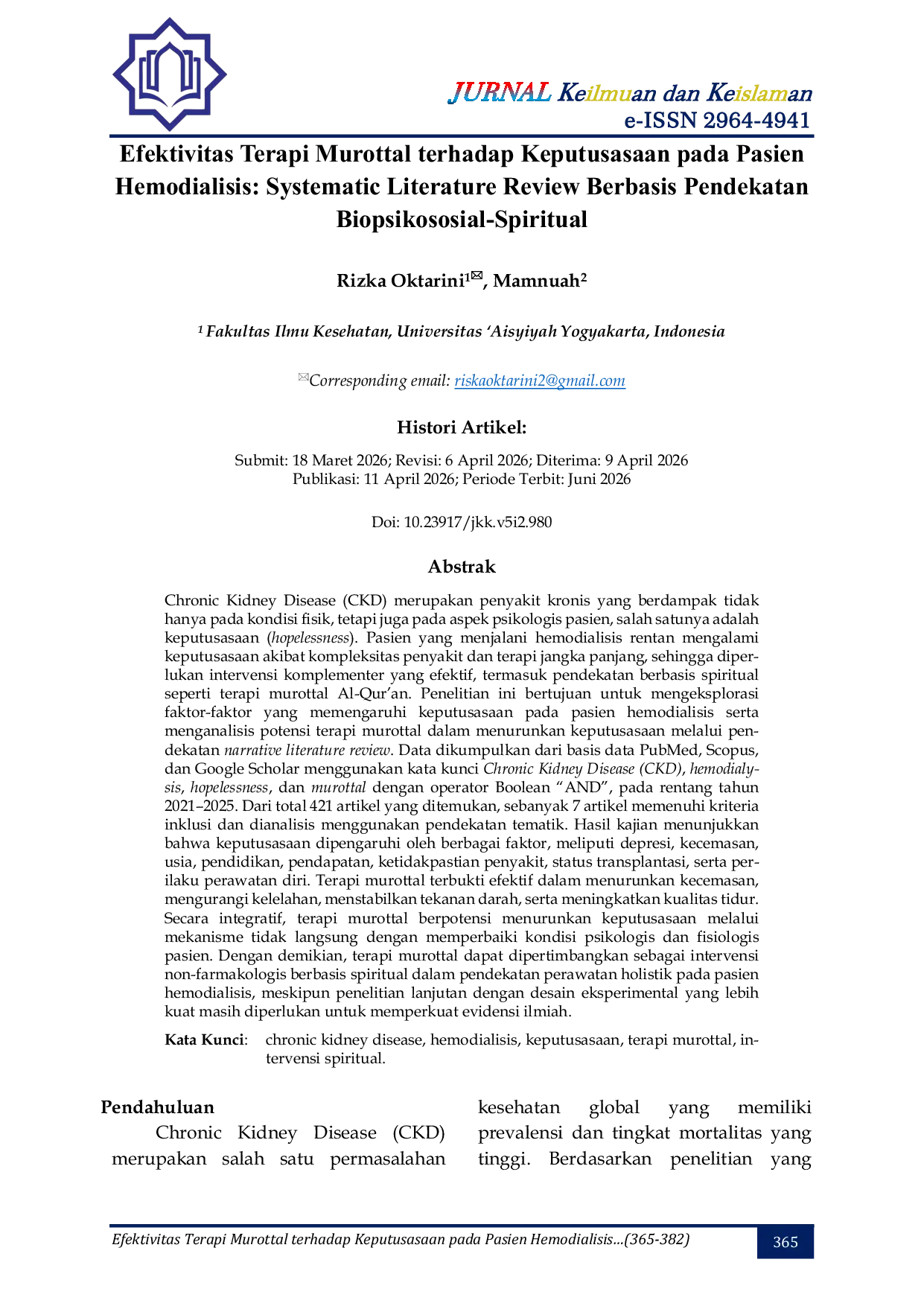 JURIS Efektivitas Terapi Murottal terhadap Keputusasaan pada Pasien Hemodialisis Systematic Literature Review Berbasis Pendekatan Biopsikososial Spiritual