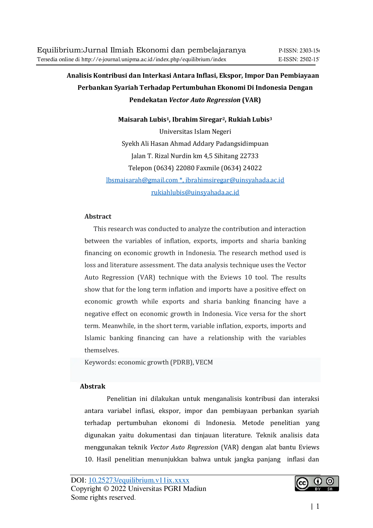 JURIS Analisis kontribusi dan interaksi antara inflasi ekspor impor dan pembiayaan Perbankan Syariah terhadap pertumbuhan ekonomi di Indonesia dengan pendekatan Vector Auto Regression VAR